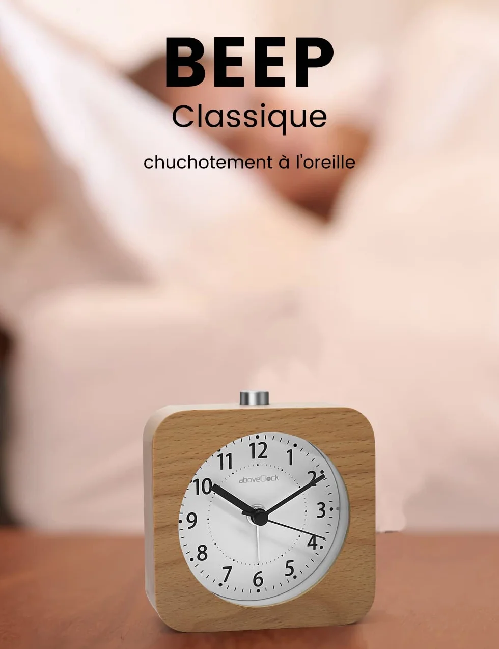 AboveClock Réveil Matin à Piles en Bois Silencieux Analogique de Voyage Lumineux Avec Fonction Snooze