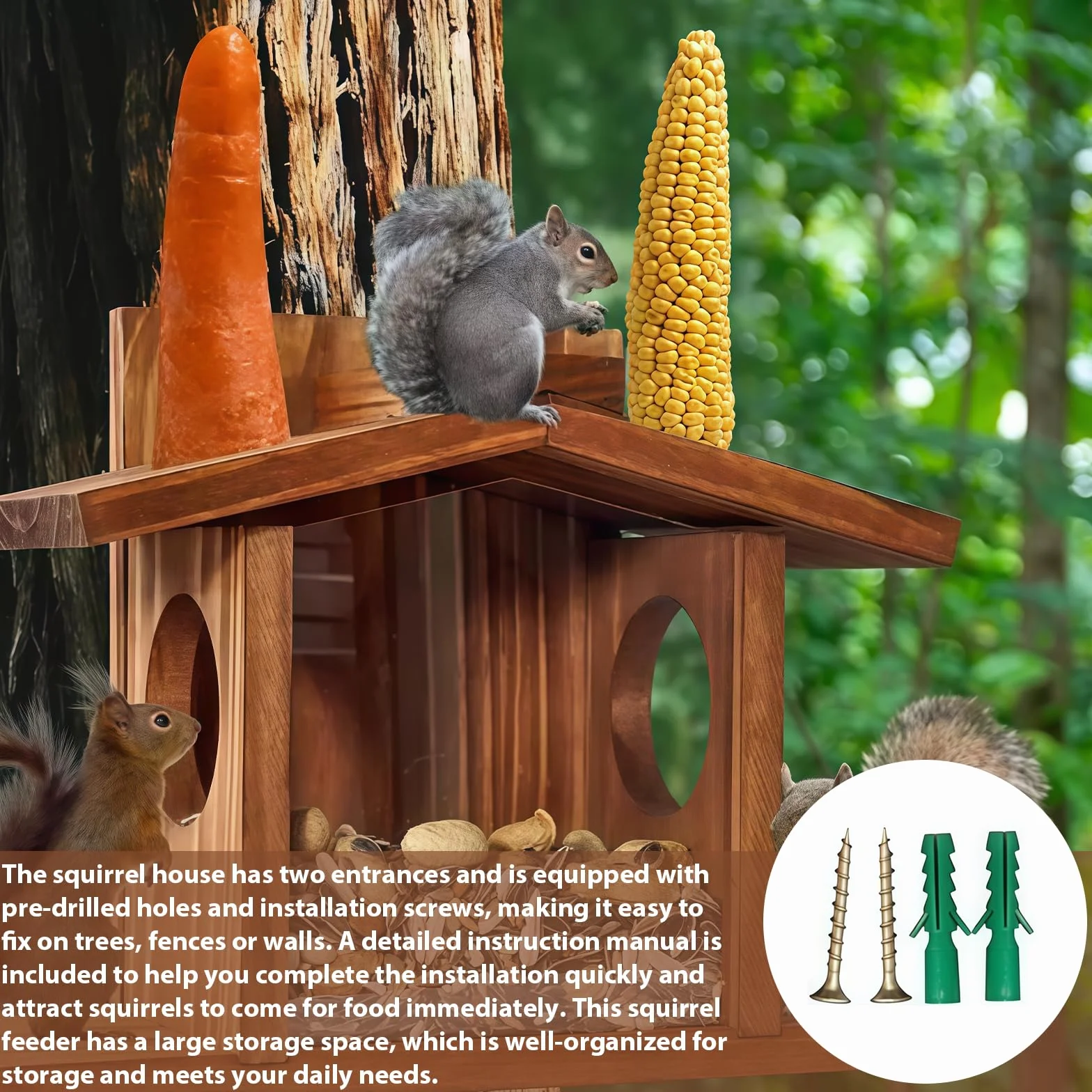 Mangeoire pour écureuils en bois résistant aux intempéries, stable et durable avec 2 entrées