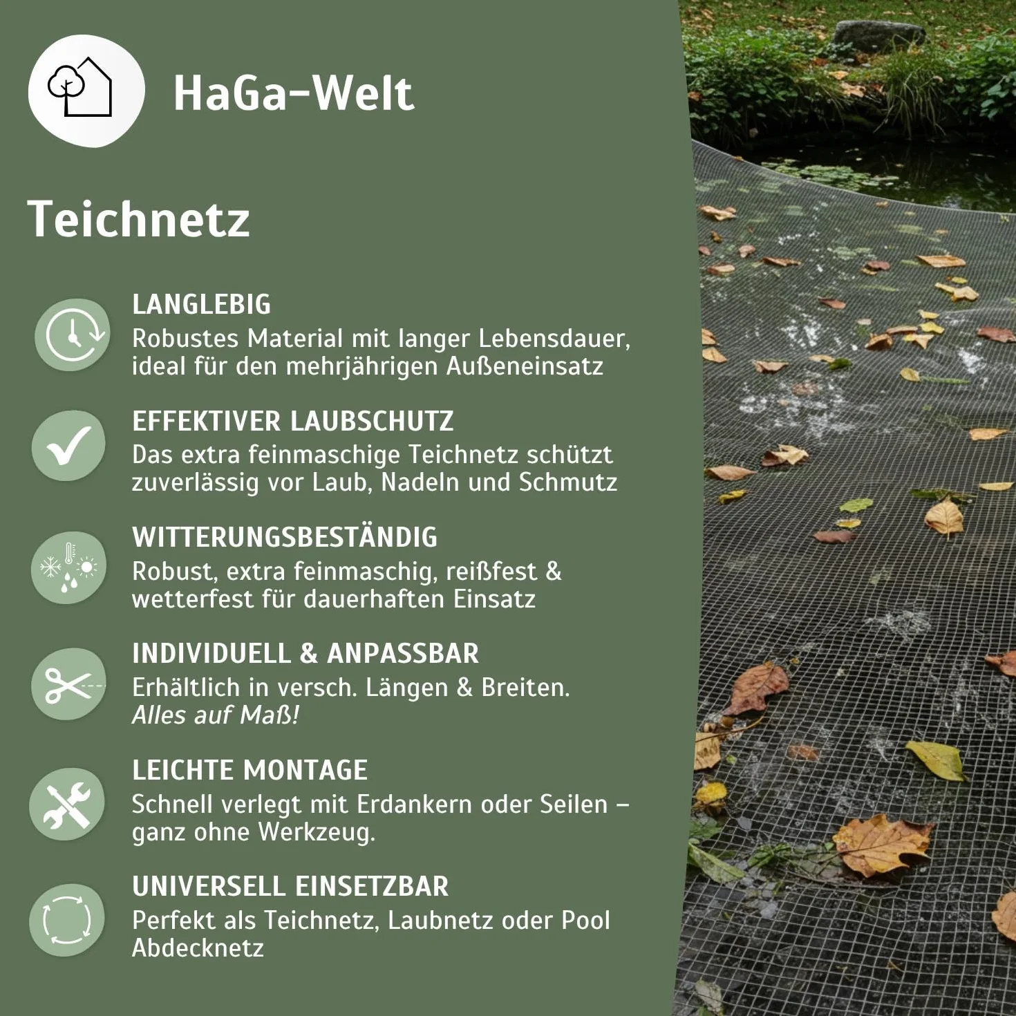 HaGa Premium Filet pour étang et piscine – 2,6 m x 5 m vert foncé – Filet de protection résistant aux UV à mailles fines