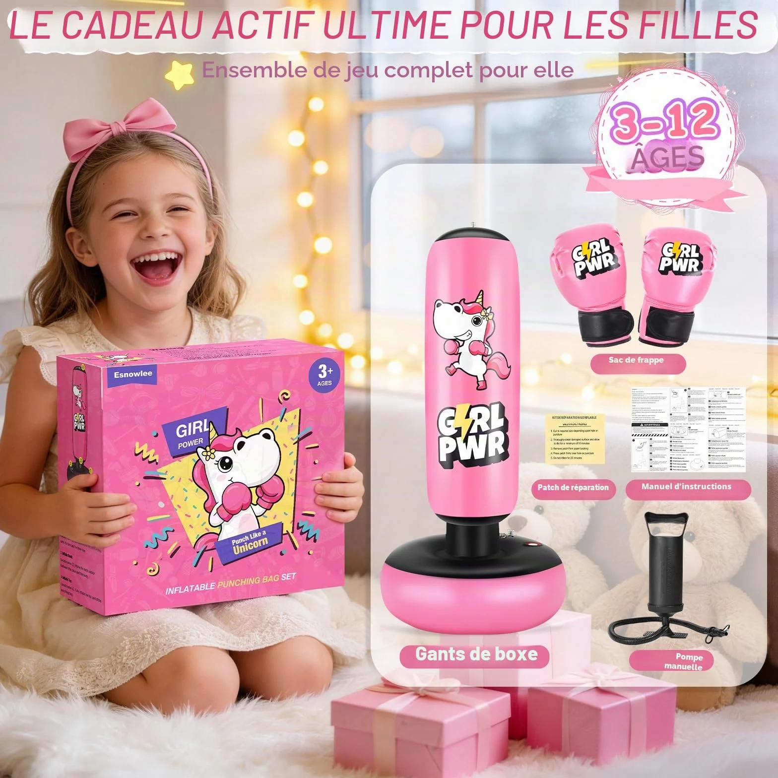 Punching Ball avec Gants de Boxe et Pompe, Sac de Boxe Enfant 168 cm - Idéal pour Karaté, Taekwondo, Cadeau Parfait pour Garçons & Filles de 5 à 12 Ans (Rose)
