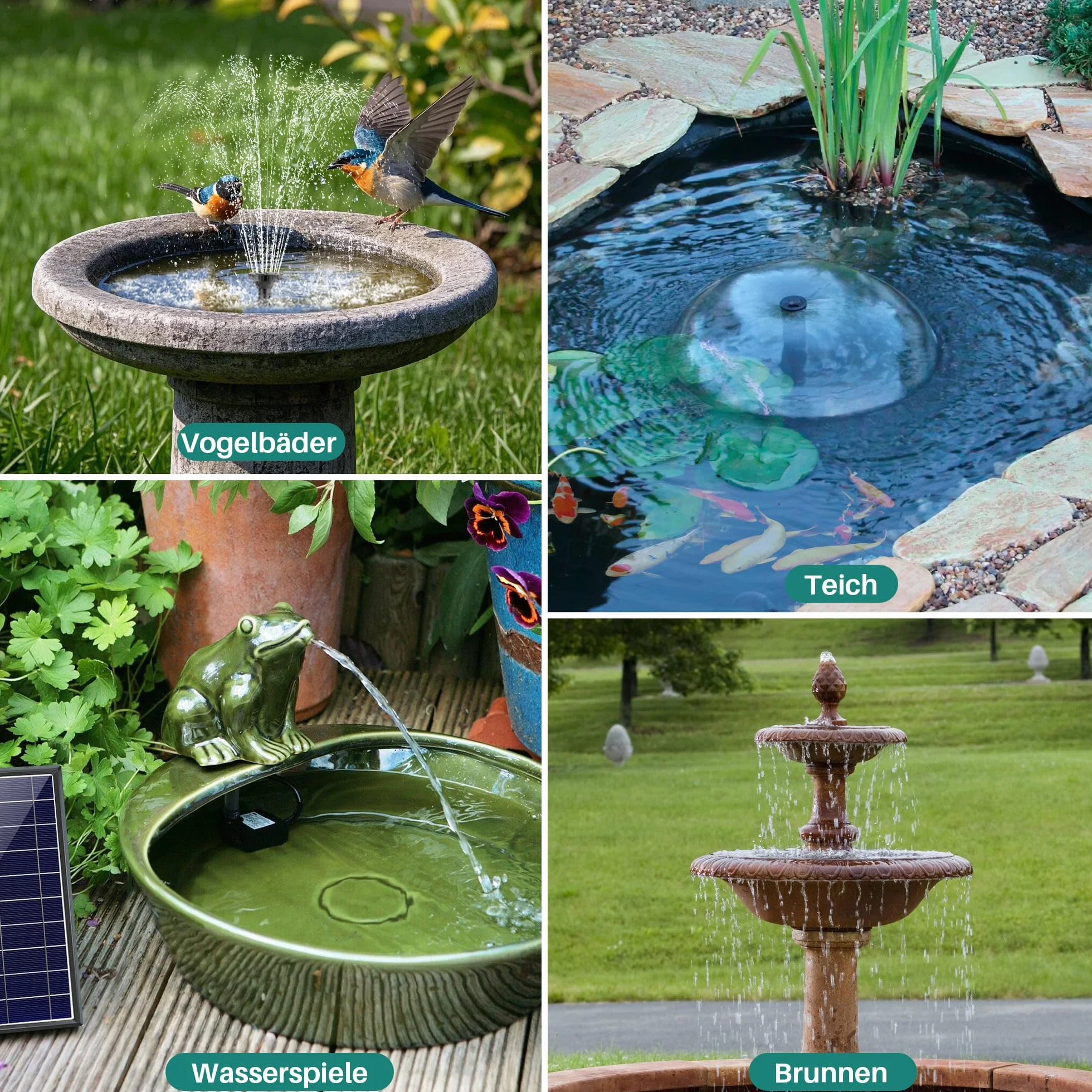 Pompe Solaire Bassin 7.5W avec Batterie, Fontaine Solaire Extérieur 10 Buses, Pompe à Eau Silencieuse pour Bain d'oiseaux