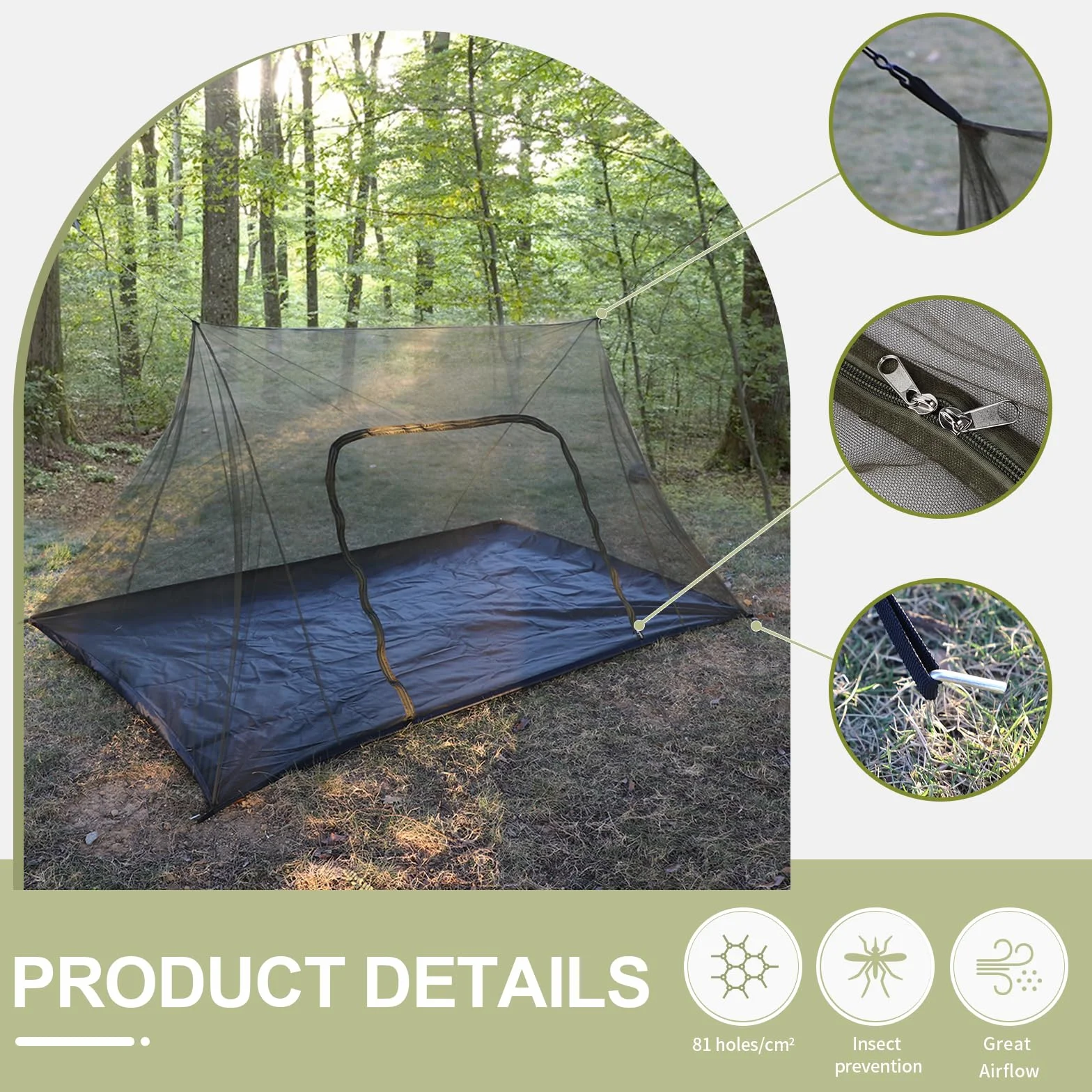 EFUTURETIME Grand Moustiquaire Camping 240X140X110cm, Portable et Léger pour Voyage, Tente Exterieur Anti Moustique avec Porte Zippé, Toit 2 Pans-Vert