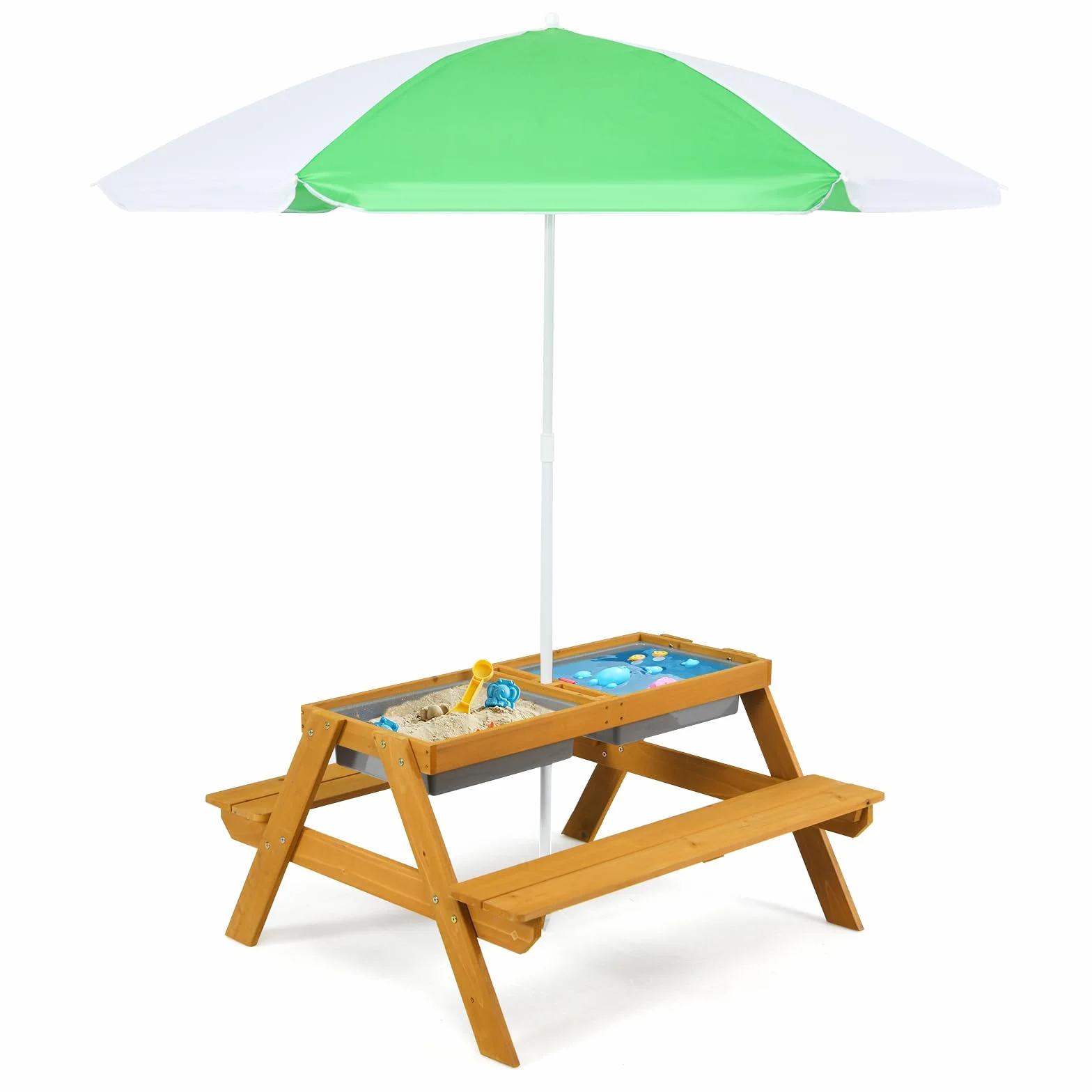GOPLUS Table Enfant Banc Parasol 3 en 1 Convertible Plateau Amovible Boîtes Rangement Bois Extérieur Jardin Vert Blanc