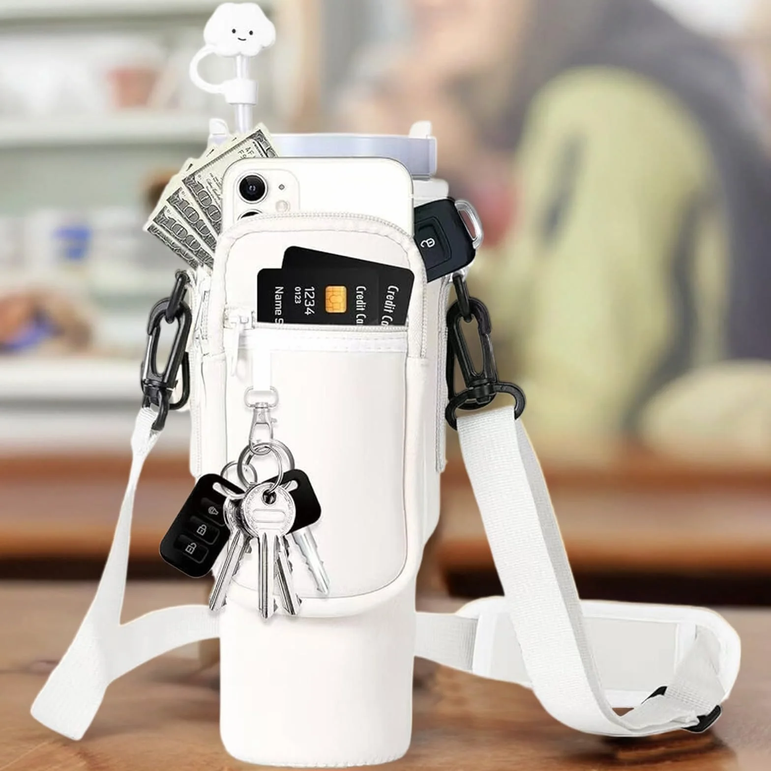 Sac Bouteille d'eau pour Tasse Stanley Cup 40oz, Porte Gourde Sac à Dos avec Sangle Ajustable et Poche pour Téléphone, Stanley Cup Bag pour Marche Camping Course Cyclisme, Blanc
