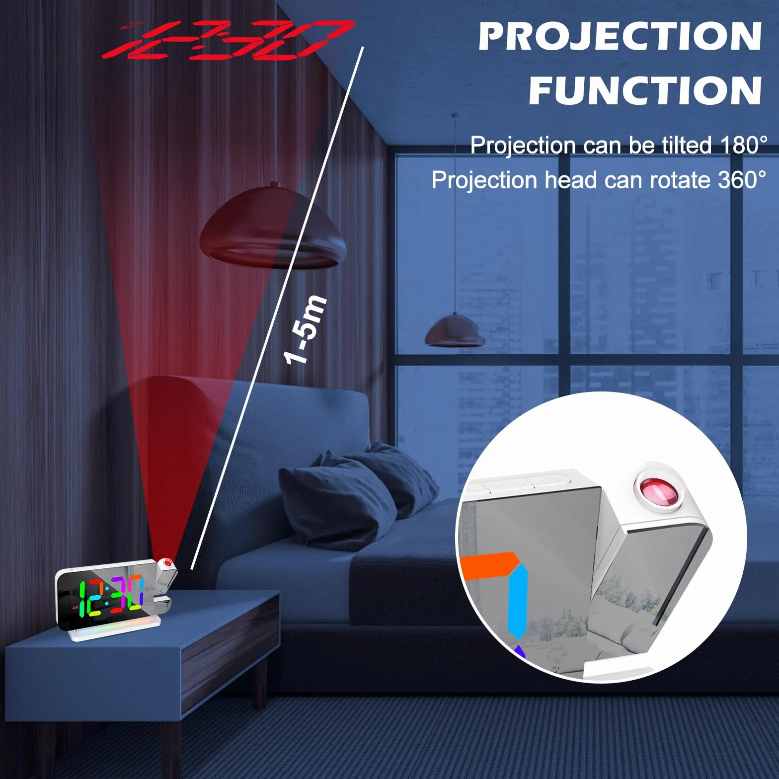 PORFOYO Réveil avec projection LED RVB, horloge miroir, veilleuse 10 couleurs, projecteur 180°, USB-C
