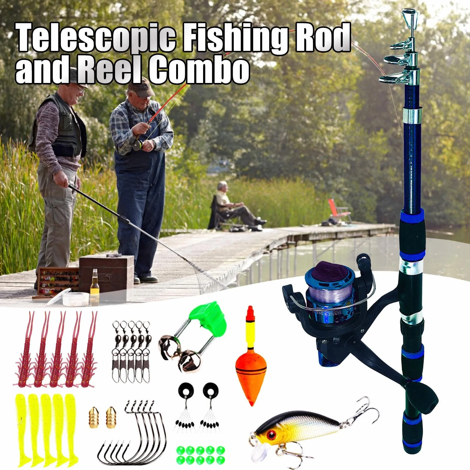 Kit de Canne à Pêche Télescopique avec Bobine pour Eau Salée et Eau Douce