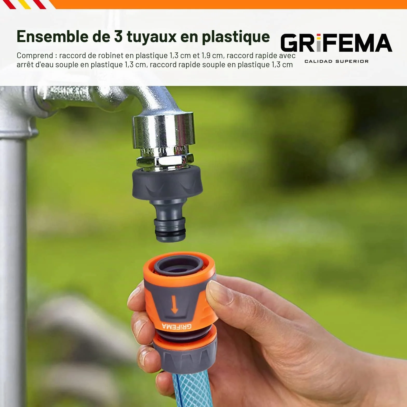 GRIFEMA GE1103 Kit de Raccordement de Robinet Jardin Connecteur Waterstop 1/2" Connexion Rapide Femelle 3/4" Gris Orange
