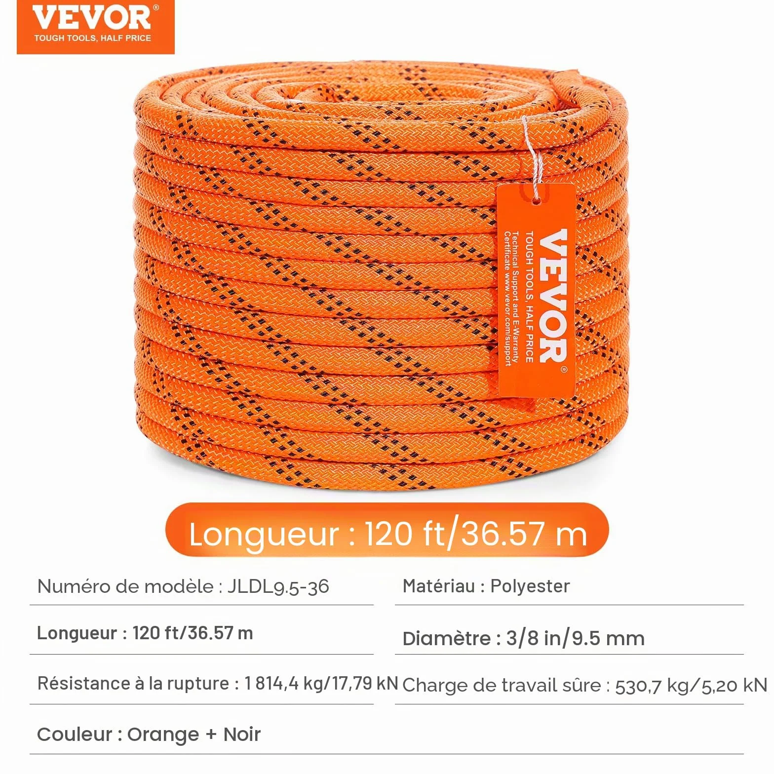 VEVOR Corde en Polyester Double tressé 9,5 mm x 36,57 m 48 brins résistance à la Rupture 17,79 KN Orange Noir