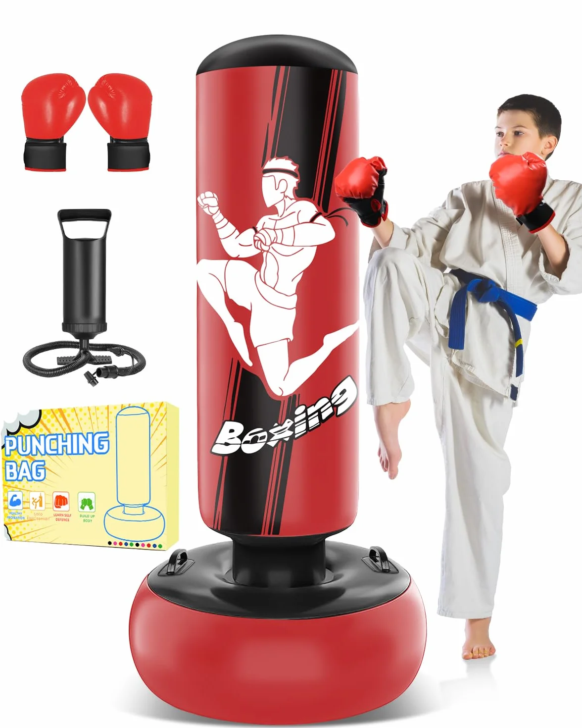 Sac de Frappe 165cm Gonflable pour Enfants avec Gants de Sac de Boxe Enfants pour la Pratique du MMA, du Karaté, du Taekwondo et pour soulager l'énergie de la Pentecôte