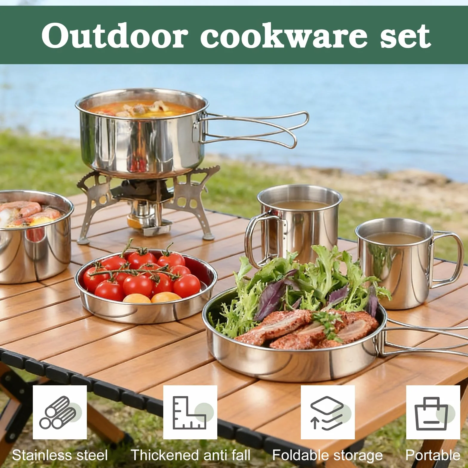 Lot de 5 Batterie de Cuisine de Camping, Kit de Casseroles Camping, Kit de Casseroles de Camping, en Acier Inoxydable avec Sac de Rangement et gobelet Pliable pour 1 à 3 Pique-niques
