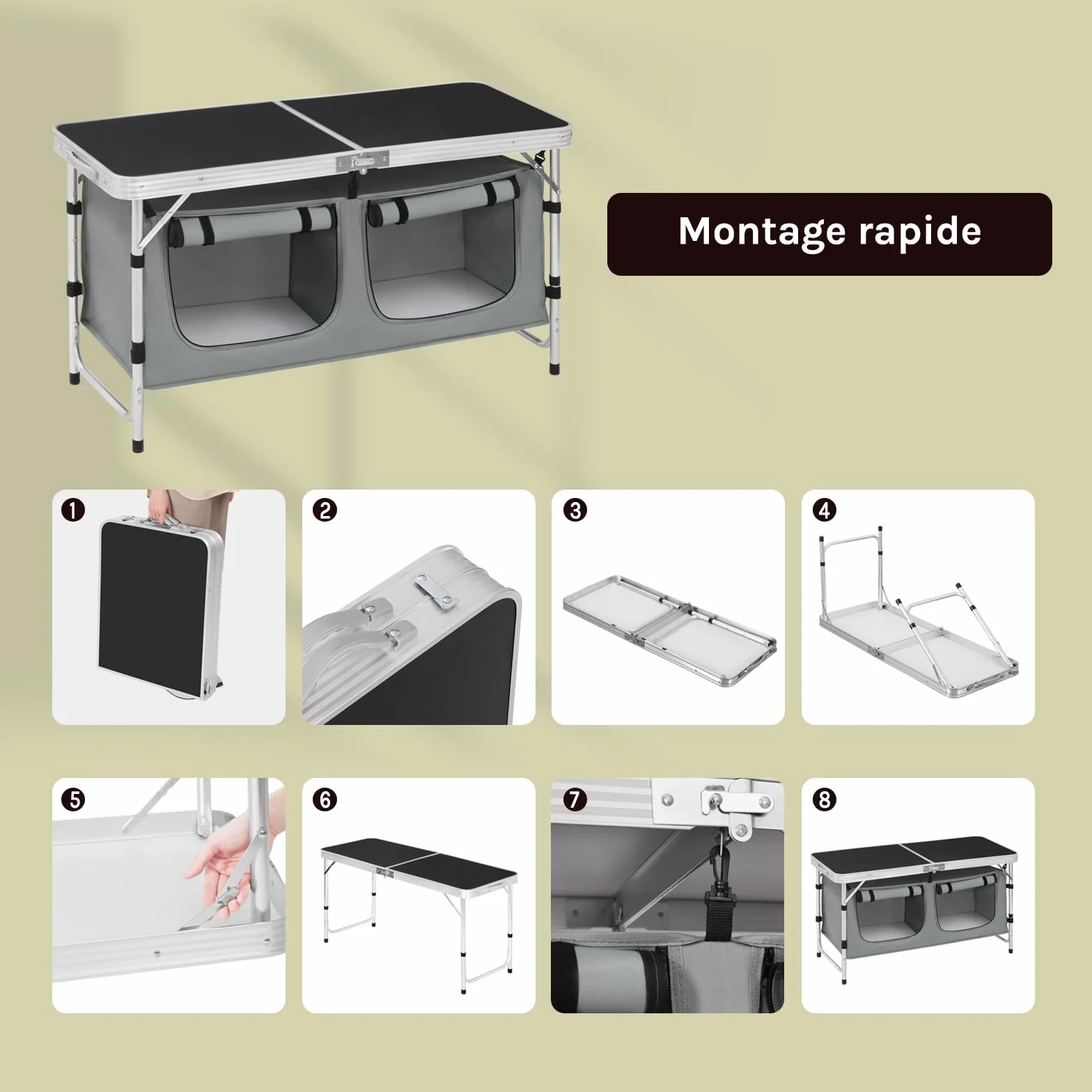 WOLTU Table de Pique-Nique Pliante en Aluminium Réglable en Hauteur pour 4-6 Personnes Noir + Gris