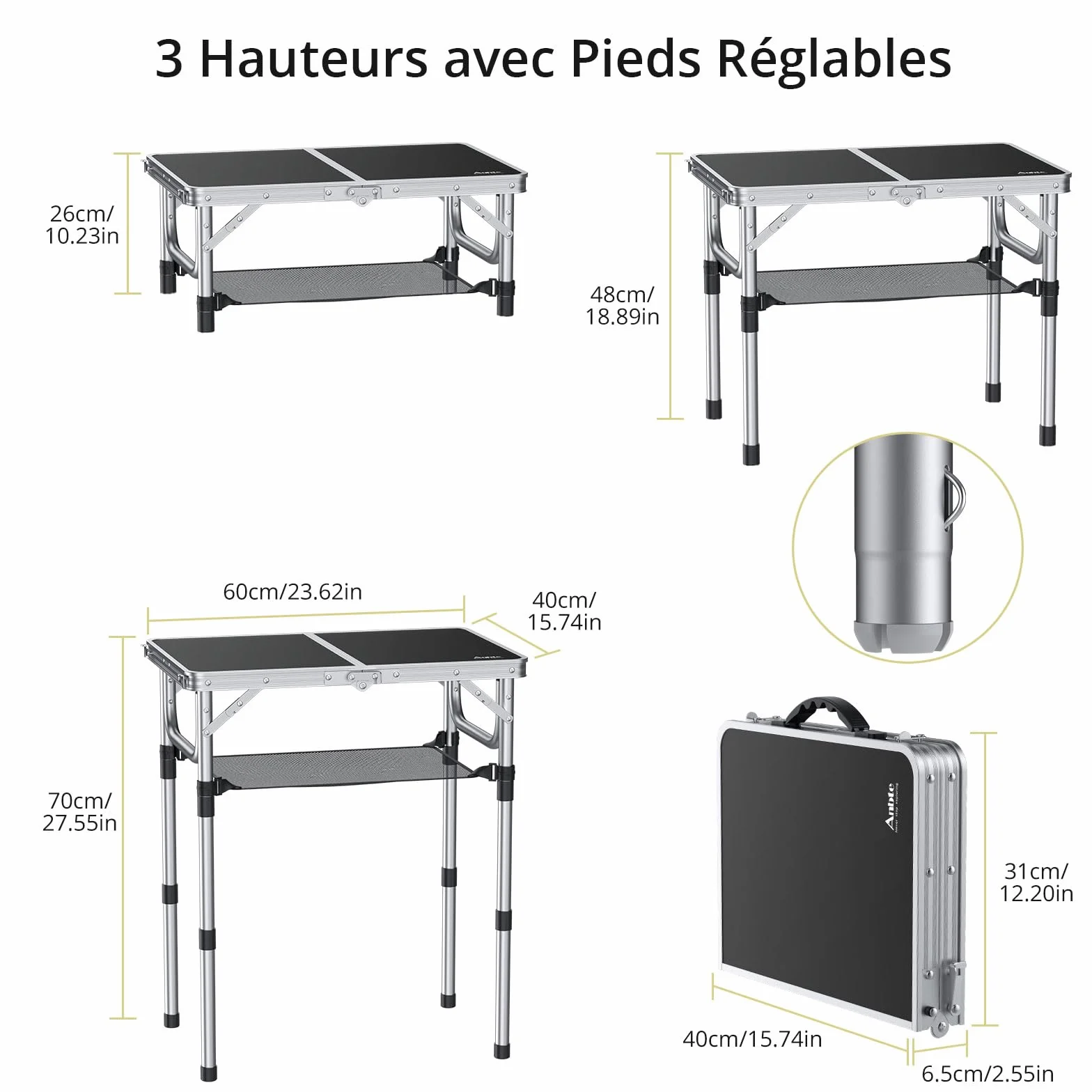 Anbte Table de Camping Pliante avec Rangement Net 3 Hauteurs Aluminium MDF Noir
