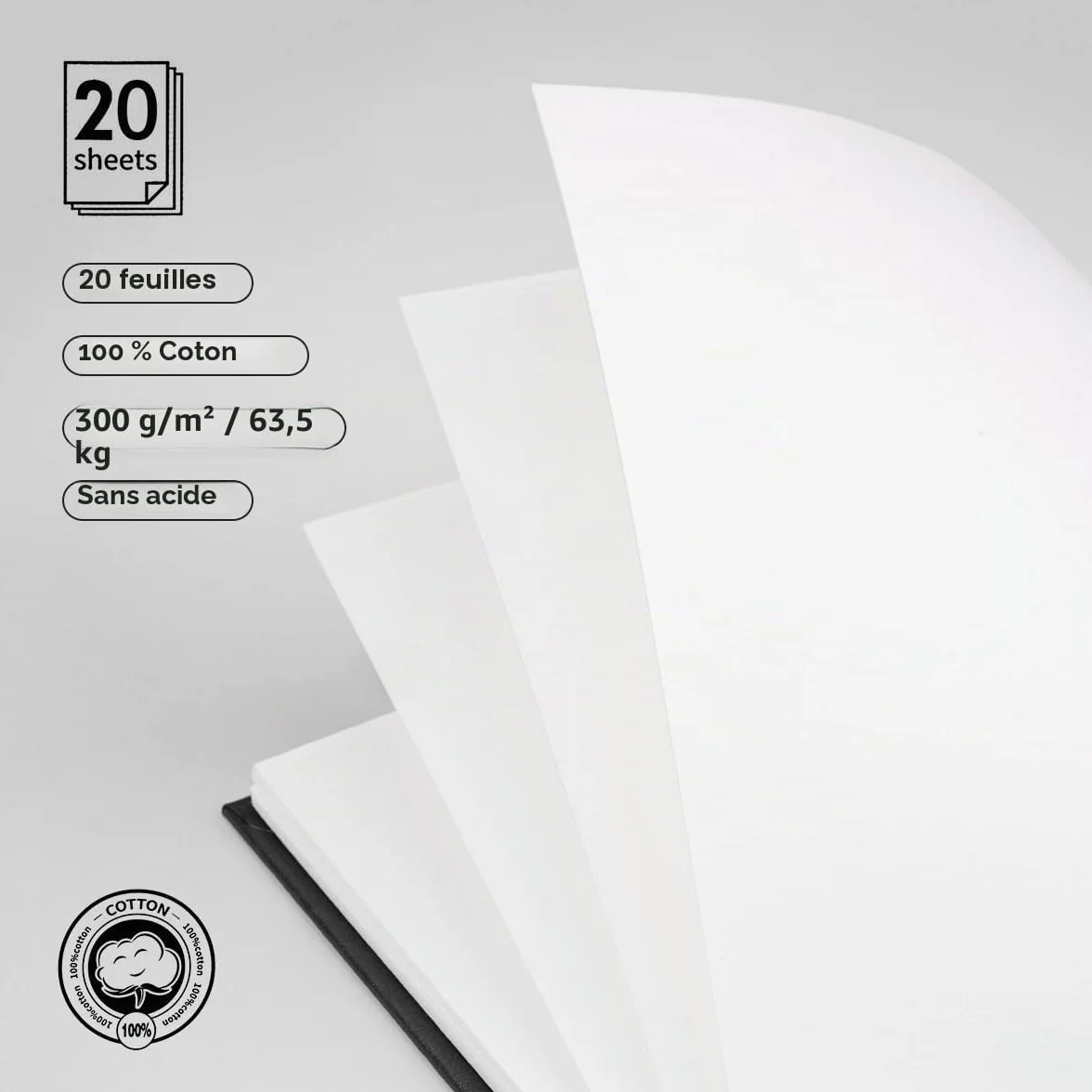 Lightwish Carnet aquarelle carré 100% coton 300 g/m² sans acide 20 feuilles 19 x 20 cm