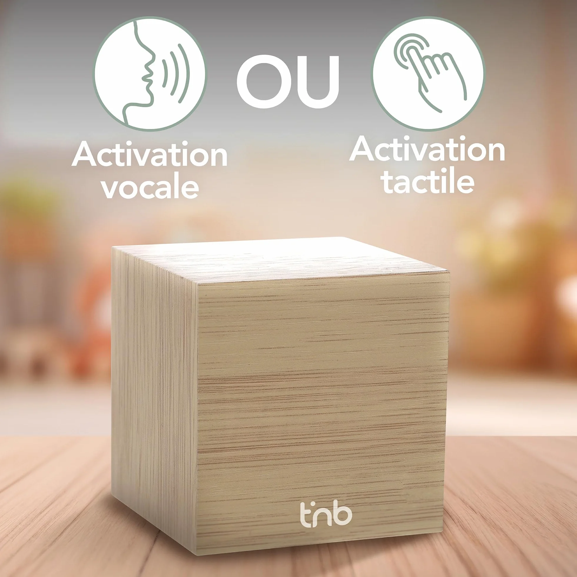 T'nB Cube Réveil Numérique 3 Alarmes Programmables Activation Tactile Vocale Affichage Heure Date Température Luminosité Réglable Bois