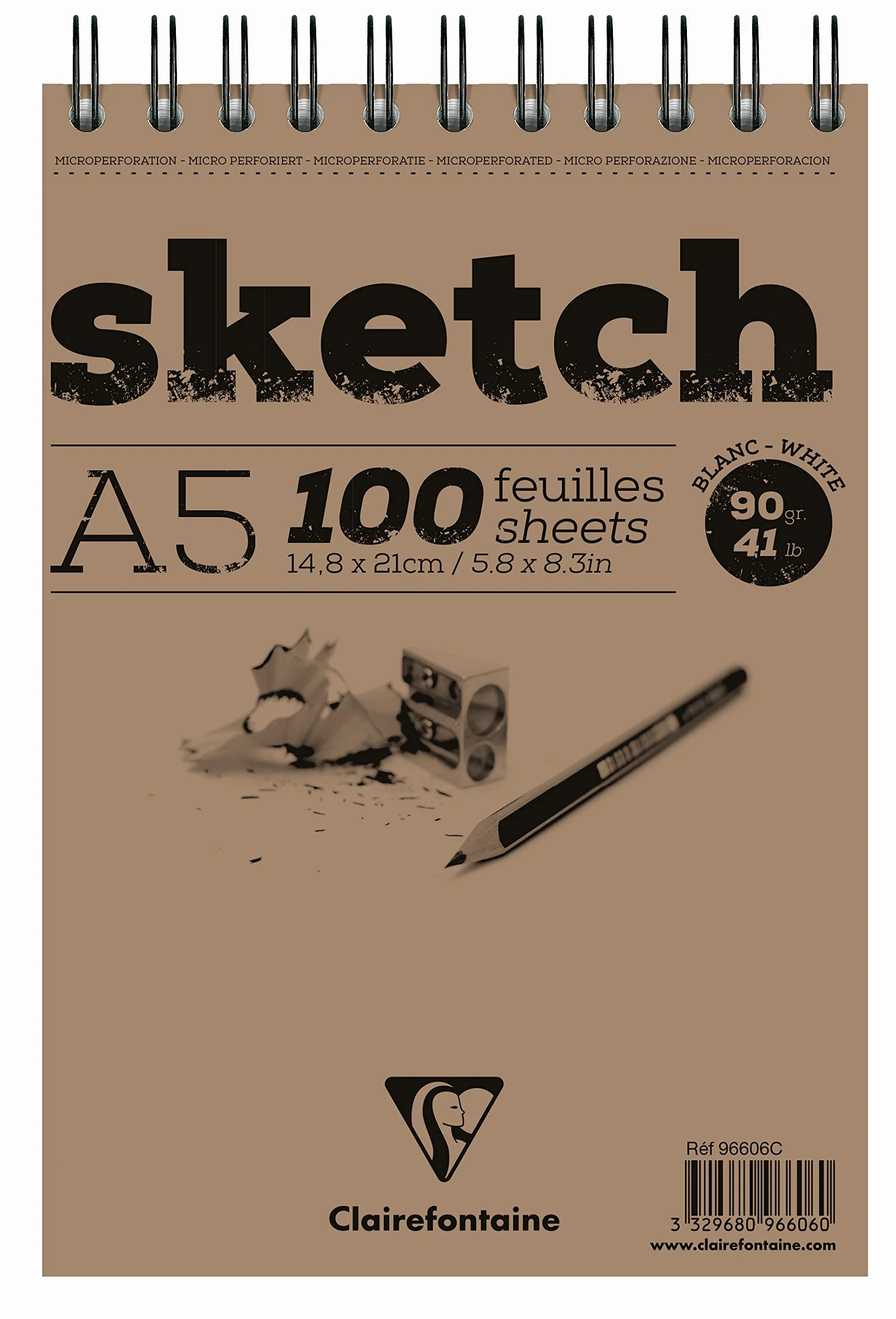 Clairefontaine Bloc Spiralé Papier Sketch A5 14,8x21 cm 90g 100 Feuilles Papier Dessin Blanc