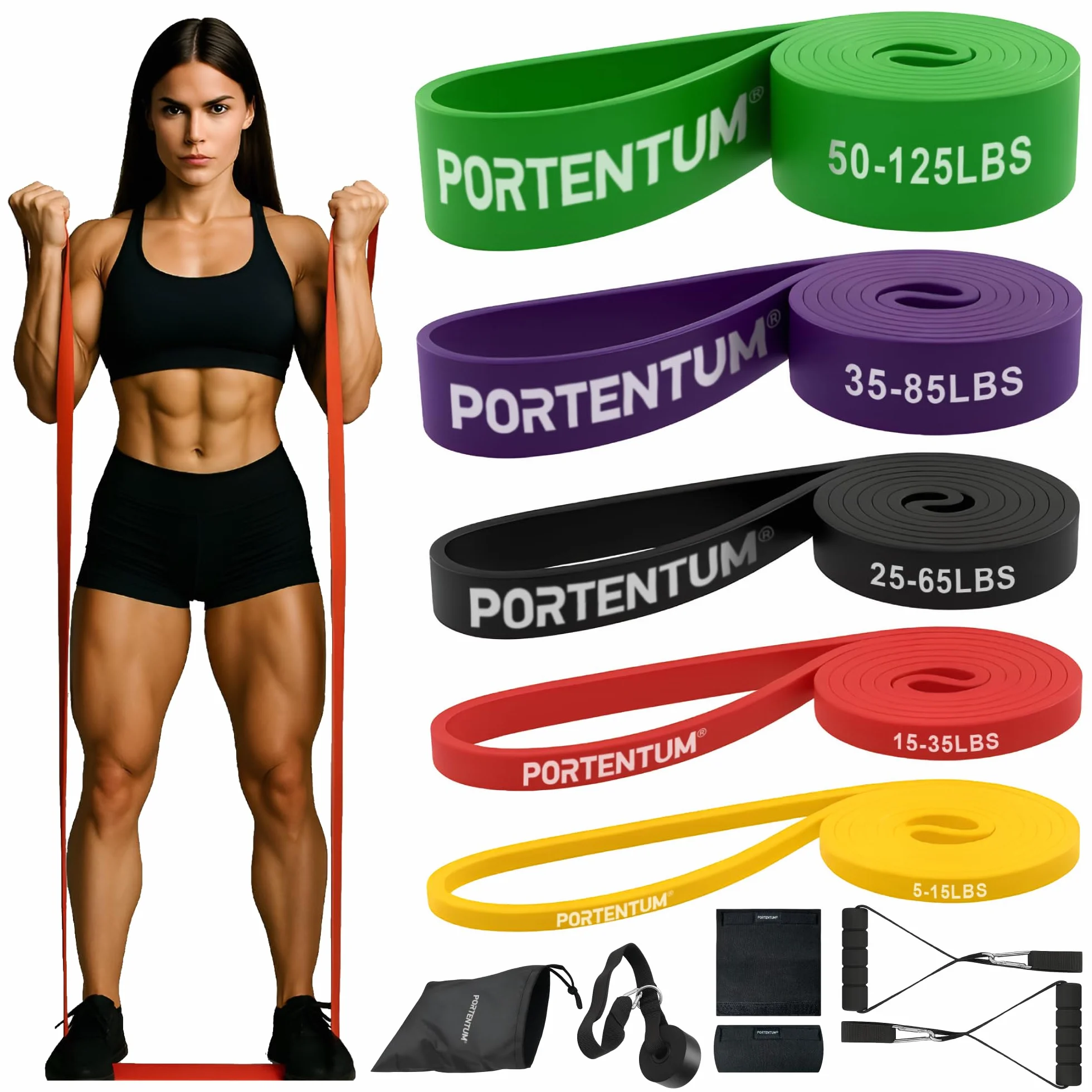 PORTENTUM Bande Élastique Musculation Set Résistance 4-5 Niveaux Poignées Ancrage Porte Housses Sac