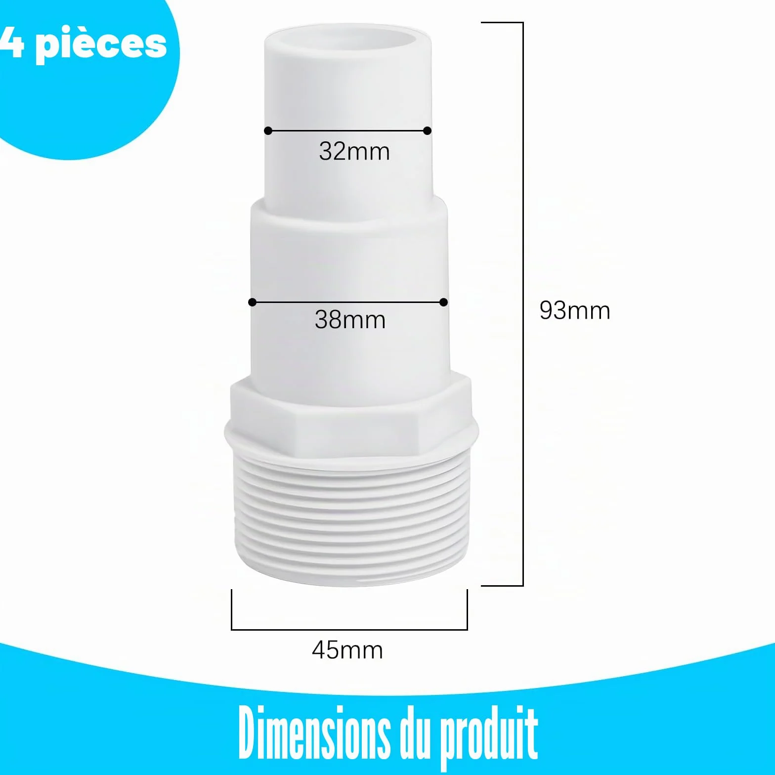 Lot de 4 raccords de tuyau pour piscine - Adaptateur 32/38 mm vers 1,5" - Blanc