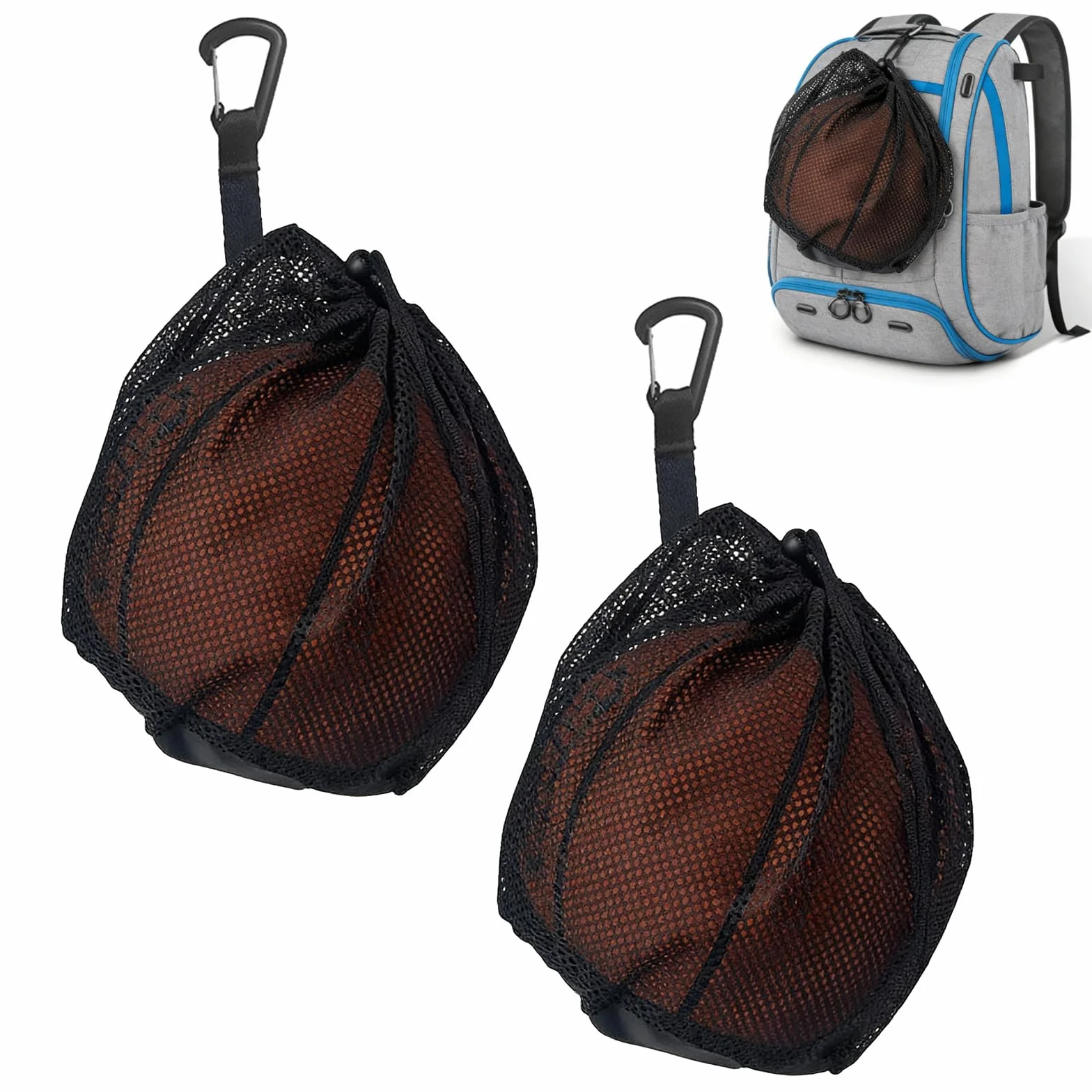 Sac de ballon avec filet pour 2 ballons, poche zippée, sac à dos portable avec mousqueton et cordon de serrage, pour basketball, football, handball, volley-ball et rugby, durable et pratique