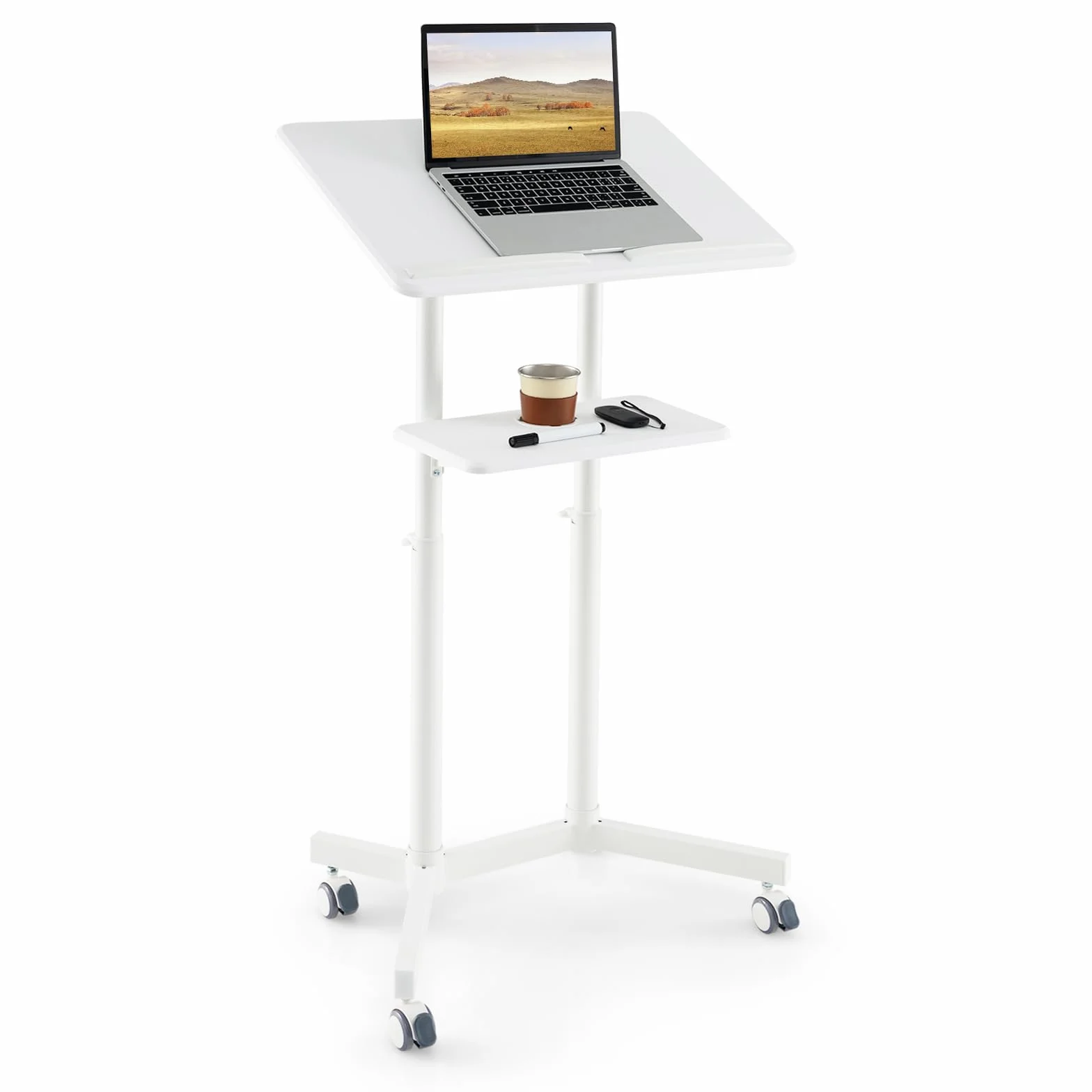 COSTWAY Pupitre Debout Mobile 104,5-128,5 cm Bureau Incliné Réglable avec Rebord et Étagère (Blanc)