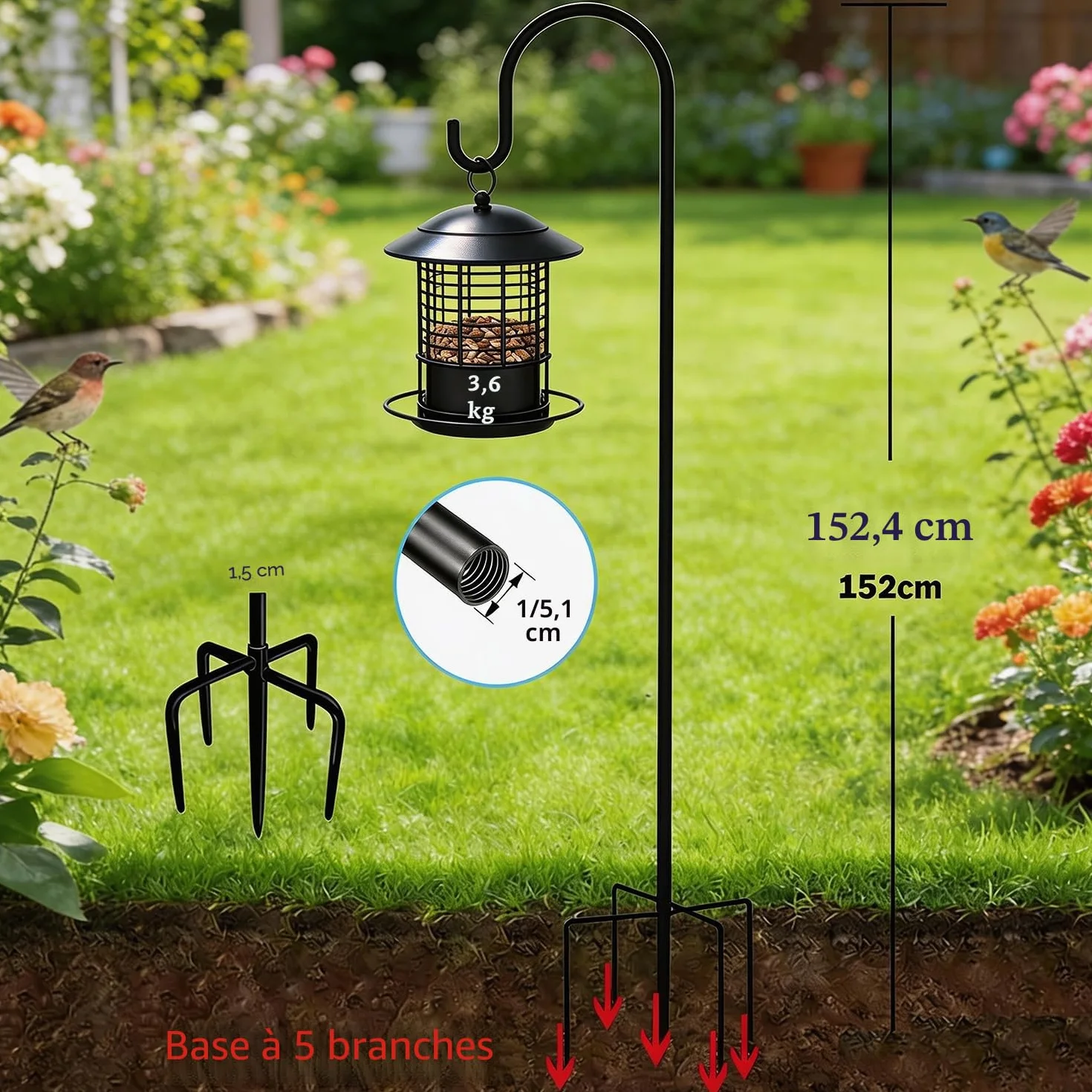 Crochets De Berger Pour Jardin 152cm 5 Brochs Métal Mangeoire Oiseaux Exterieur