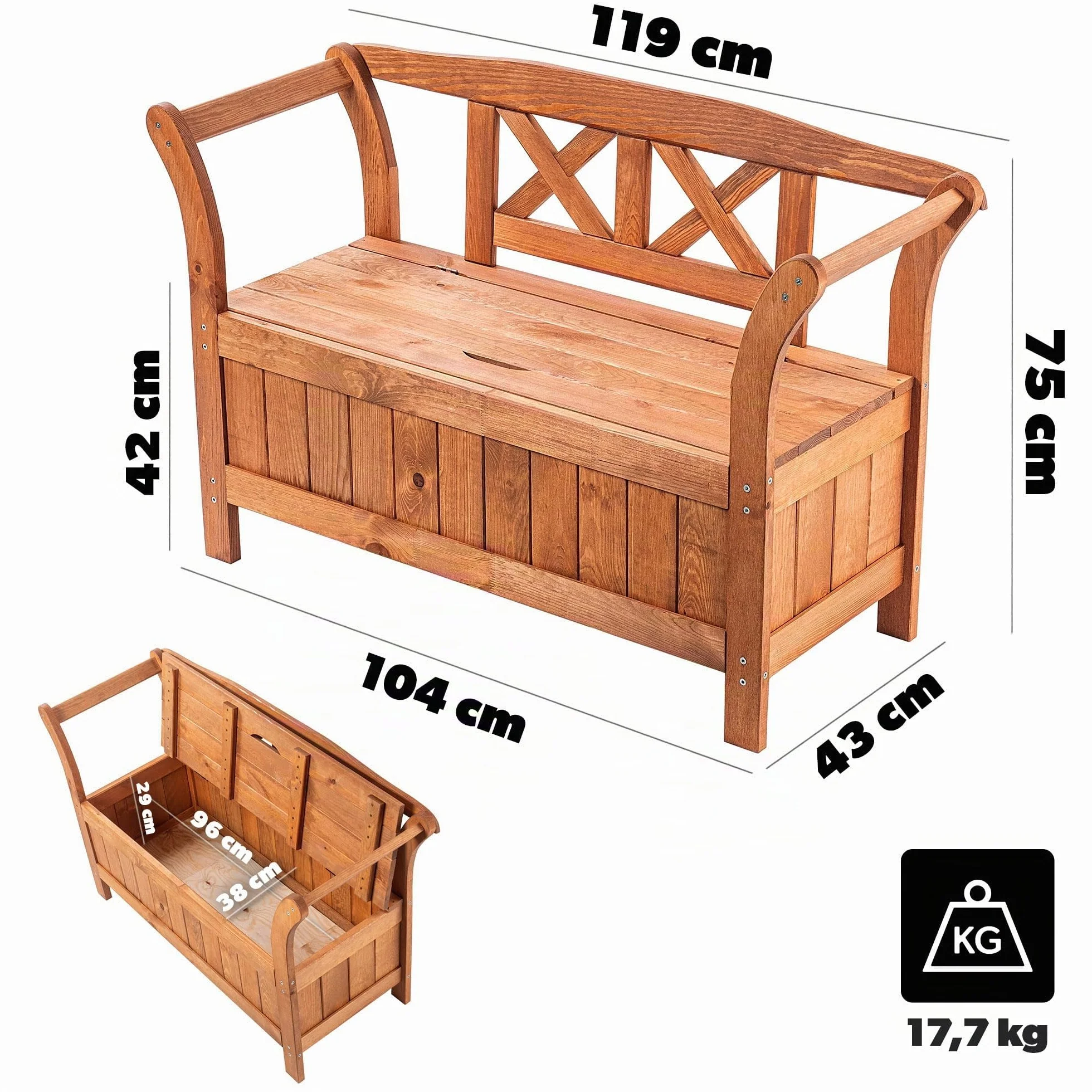 KADAX Banc de Jardin 119x43x75 cm Panneau de Fibres de Bois avec Rangement Dossier Résistant aux intempéries Chêne doré
