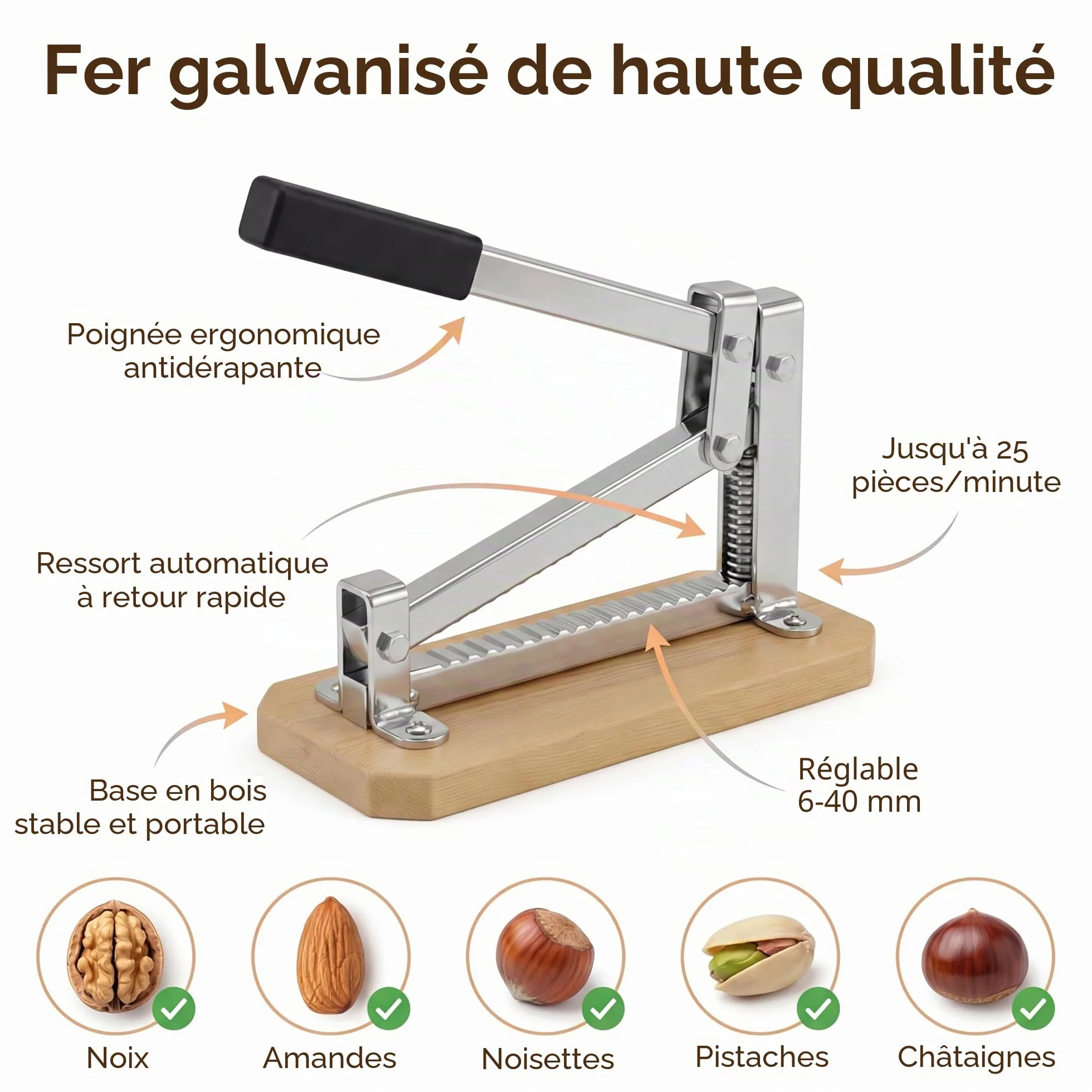 Pelamatic Casse-Noisette Manuel Fer Bois Ajustable Toutes Tailles Gris Marron