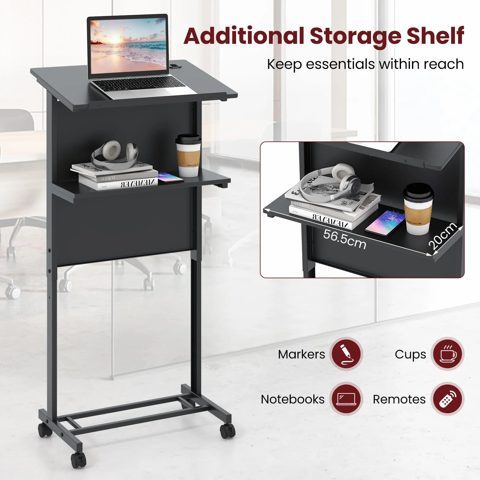 FANTASK Pupitre à roulettes réglable en hauteur avec plateau incliné, Table pour ordinateur portable, Noir
