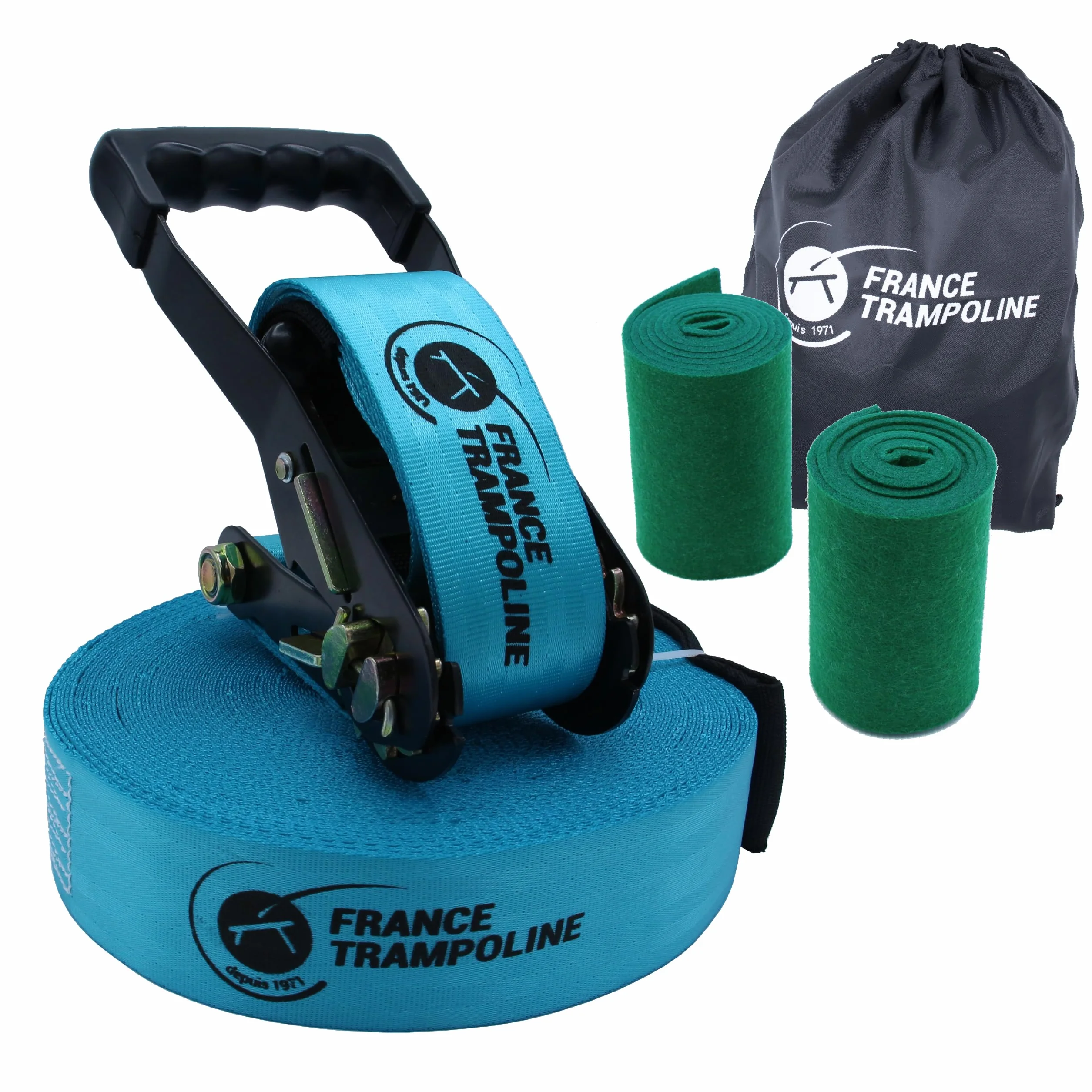 France Trampoline - Slackline 15m avec Cliquet pour Enfant et Adultes - Protection d'Arbres et Pochette de Transport – Slackline d’Entraînement Ludique en Plein Air