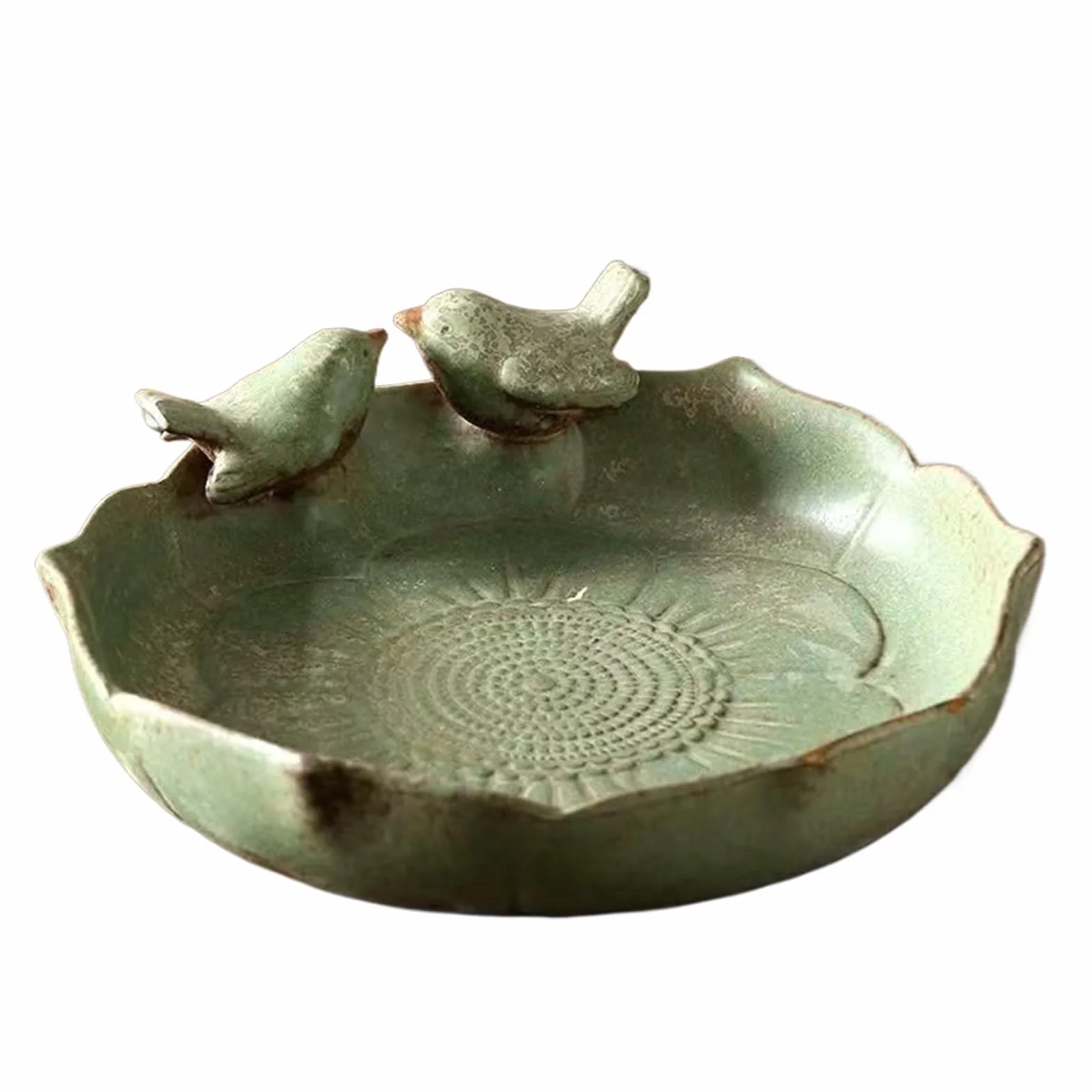 Mangeoire de bain pour oiseaux en céramique avec 2 oiseaux décoratifs pour extérieur