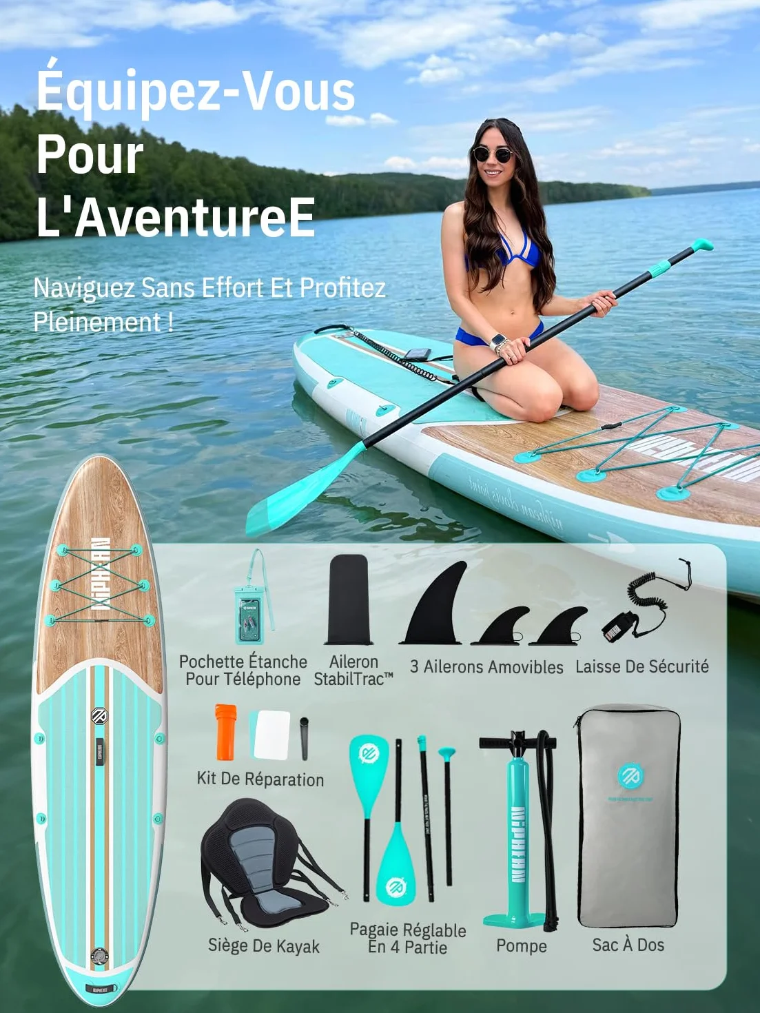 Niphean Paddle Gonflable Adulte avec Tous Les Accessoires, 320cm Planches de Stand Up Paddle Gonflables pour Tous Les Niveaux, Sup avec Capacité 200 kg pour 2 Personnes, Paddle Gonflable avec Siège