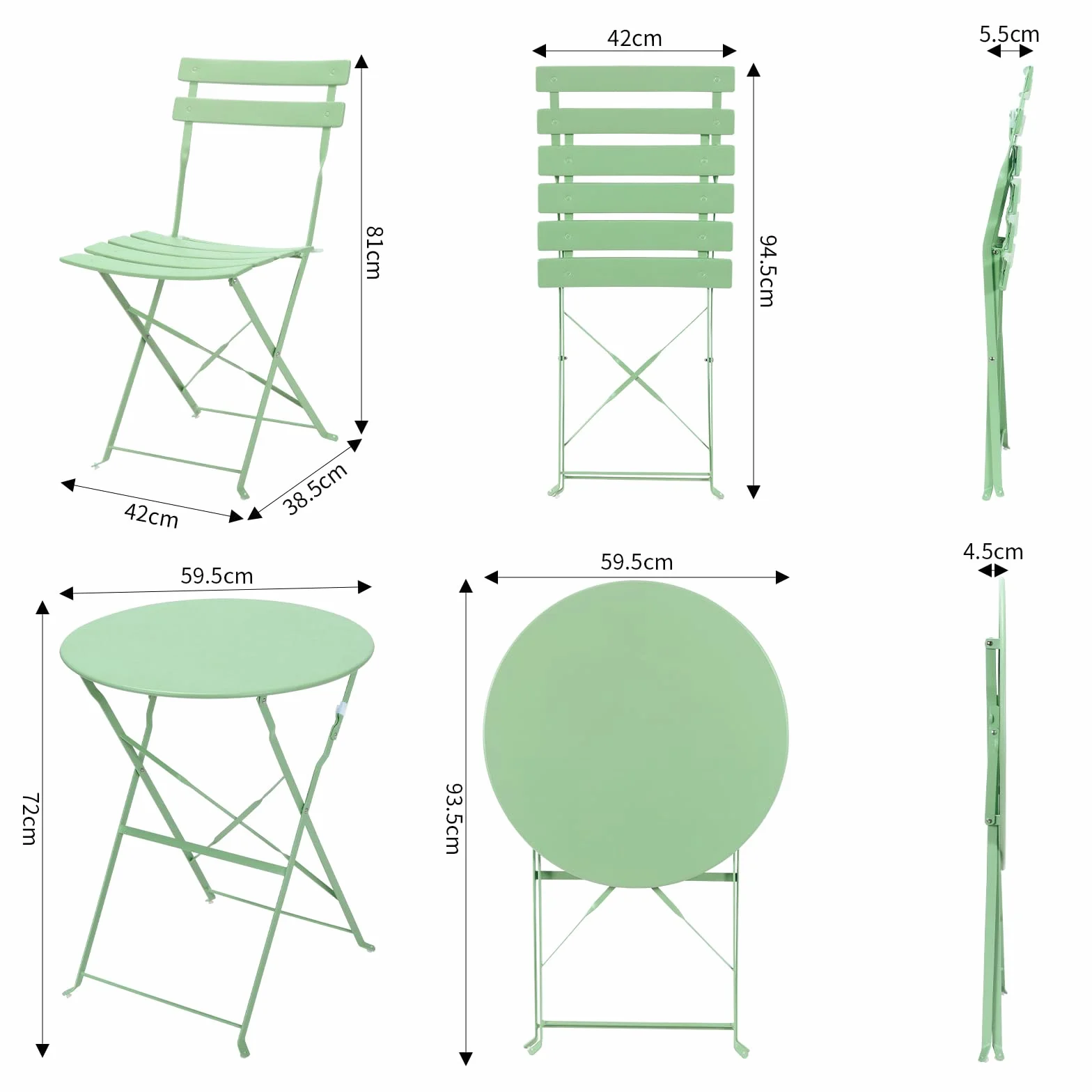 LIFERUN Salon de Jardin Bistrot Pliable, Set de Bistrot en Métal, Table et 2 Chaises Pliantes, 3 Pièces, Vert