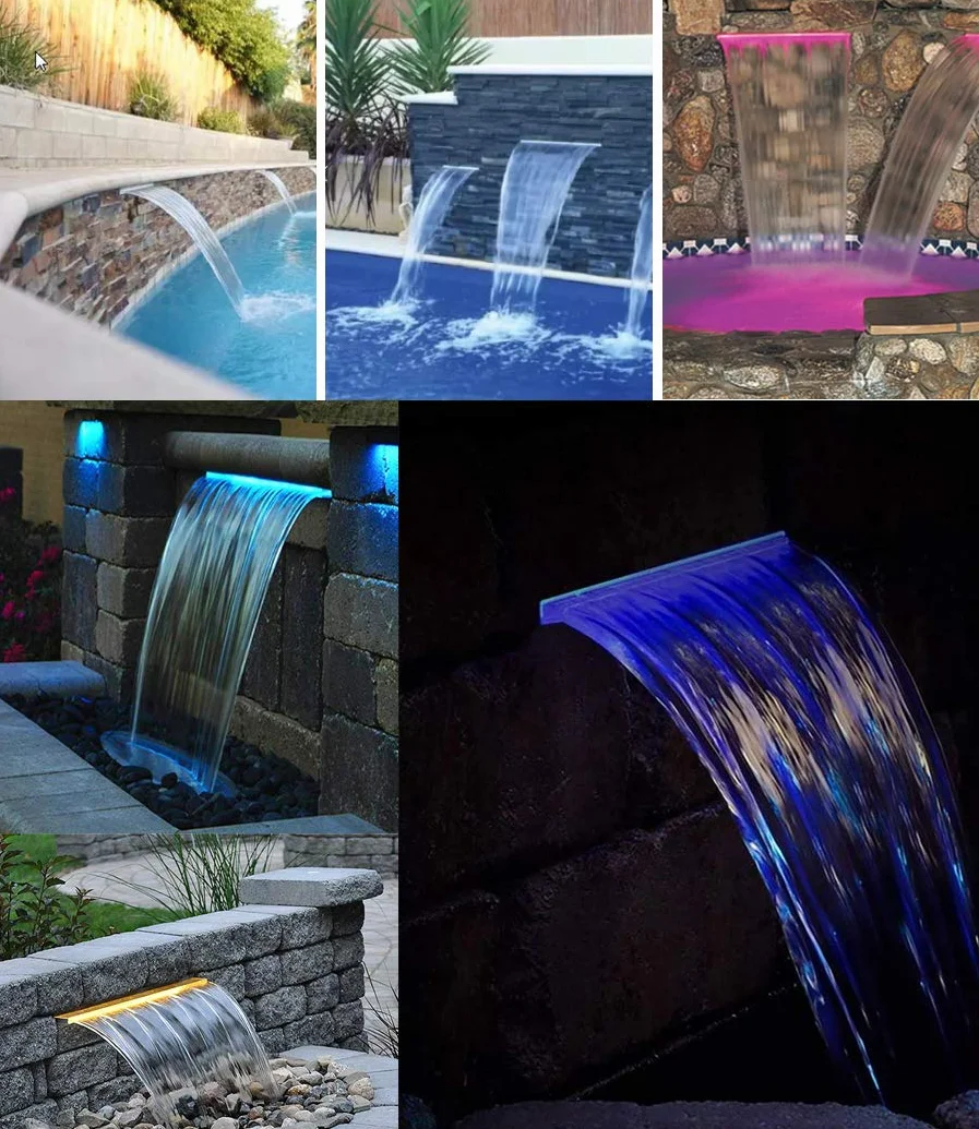 PISCINE Lame d'eau Cascade Acrylique 60cm LEDs intégrées Télécommande Coffret transformateur