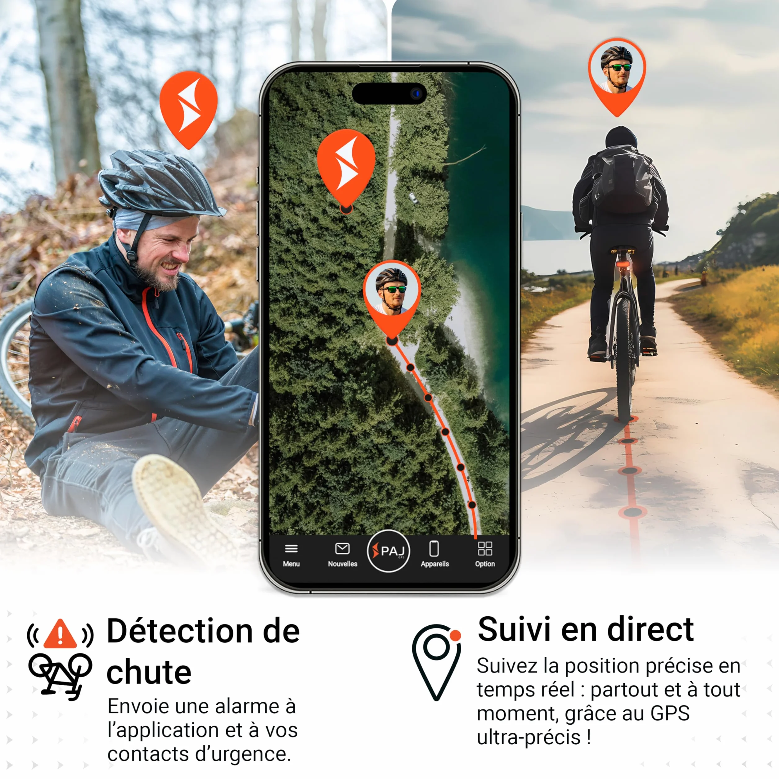 PAJ GPS Tracker pour vélo avec feu arrière - Abonnement Premium 3 Mois Inclus - Suivi 4G en Temps réel avec Alerte de Chute, géorepérage et mémoire des trajets - Jusqu’à 20 Jours d’autonomie