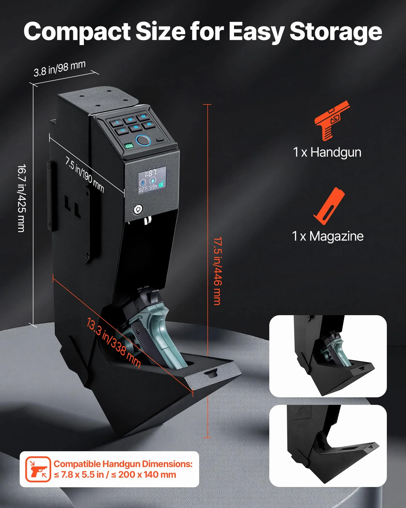 VEVOR Coffre-Fort pour 1 Pistolet et 1 Chargeur, Coffre pour Armes de Poing Verrouillable et Coulissant, 3 Façons d’Accès Empreinte Digitale, Mot de Passe et Clé, avec Écran et LED, pour Table Voiture
