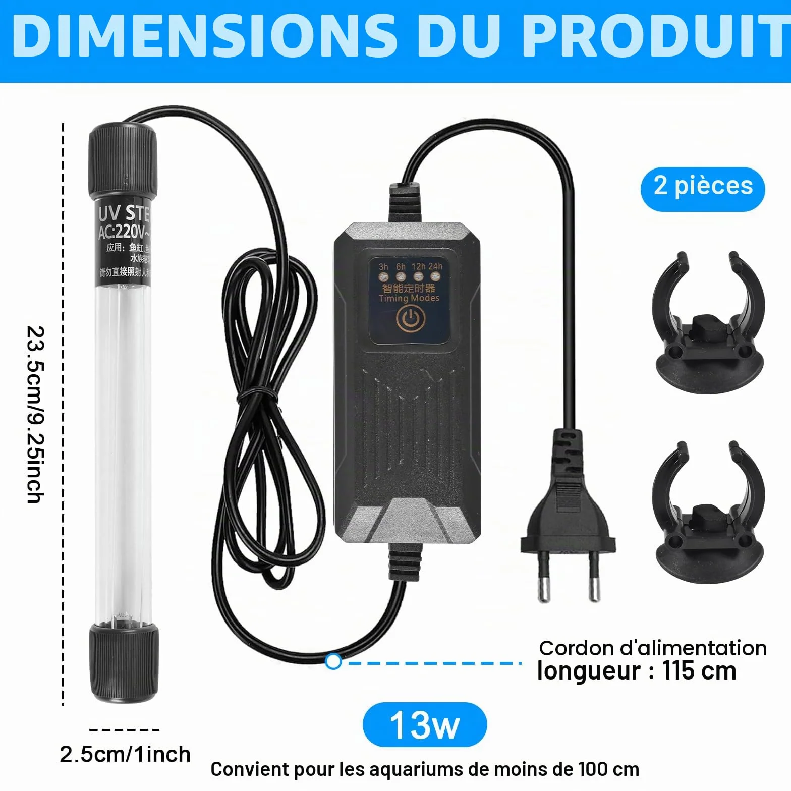 Funmo Stérilisateur UV Aquarium, Lampe Submersible pour Nettoyer Bassin et Poisson