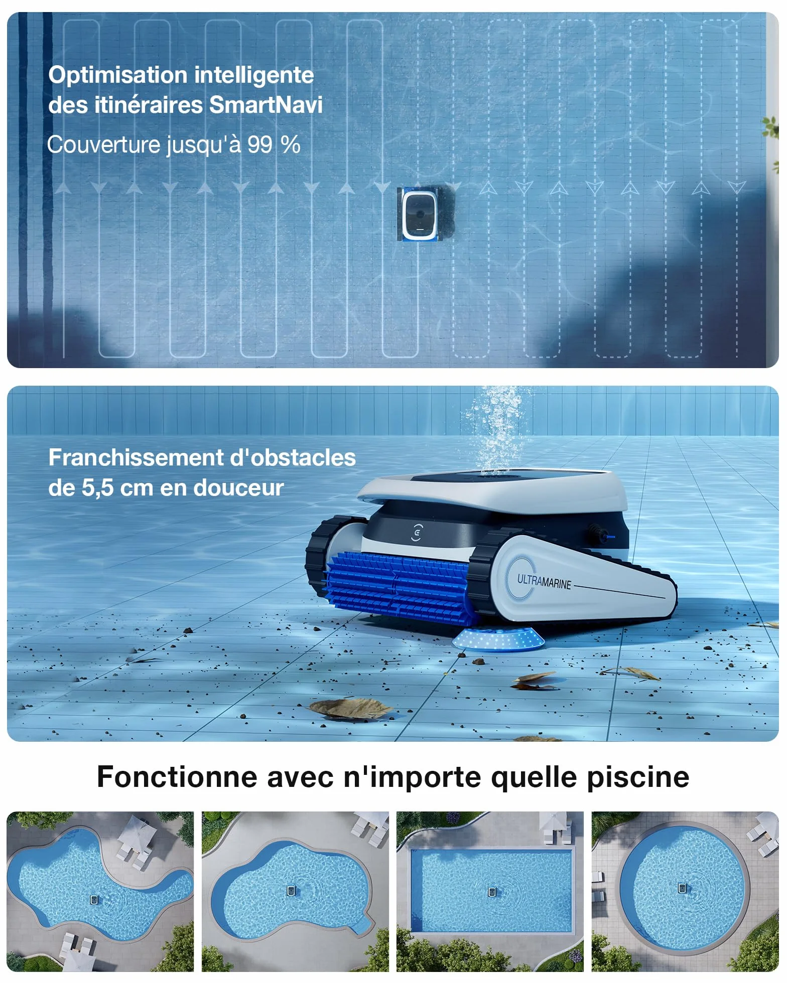 ECOVACS Ultramarine P1 Robot Piscine Nettoyage Fond et Parois, Aspirateur Piscine 180 Min, 180 m², 300 L/Min, Application, Filtre Double Couche, Navigation SmartNavi