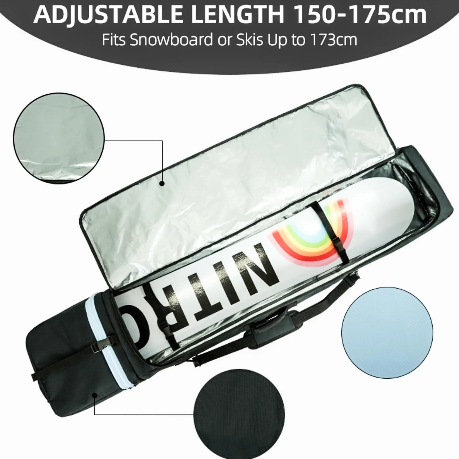 AUMTISC Housse de Snowboard, Sac de Voyage pour Snowboard, Sac de Rangement pour Skis, Bottes et équipement, Longueur réglable de 156 cm à 181 cm