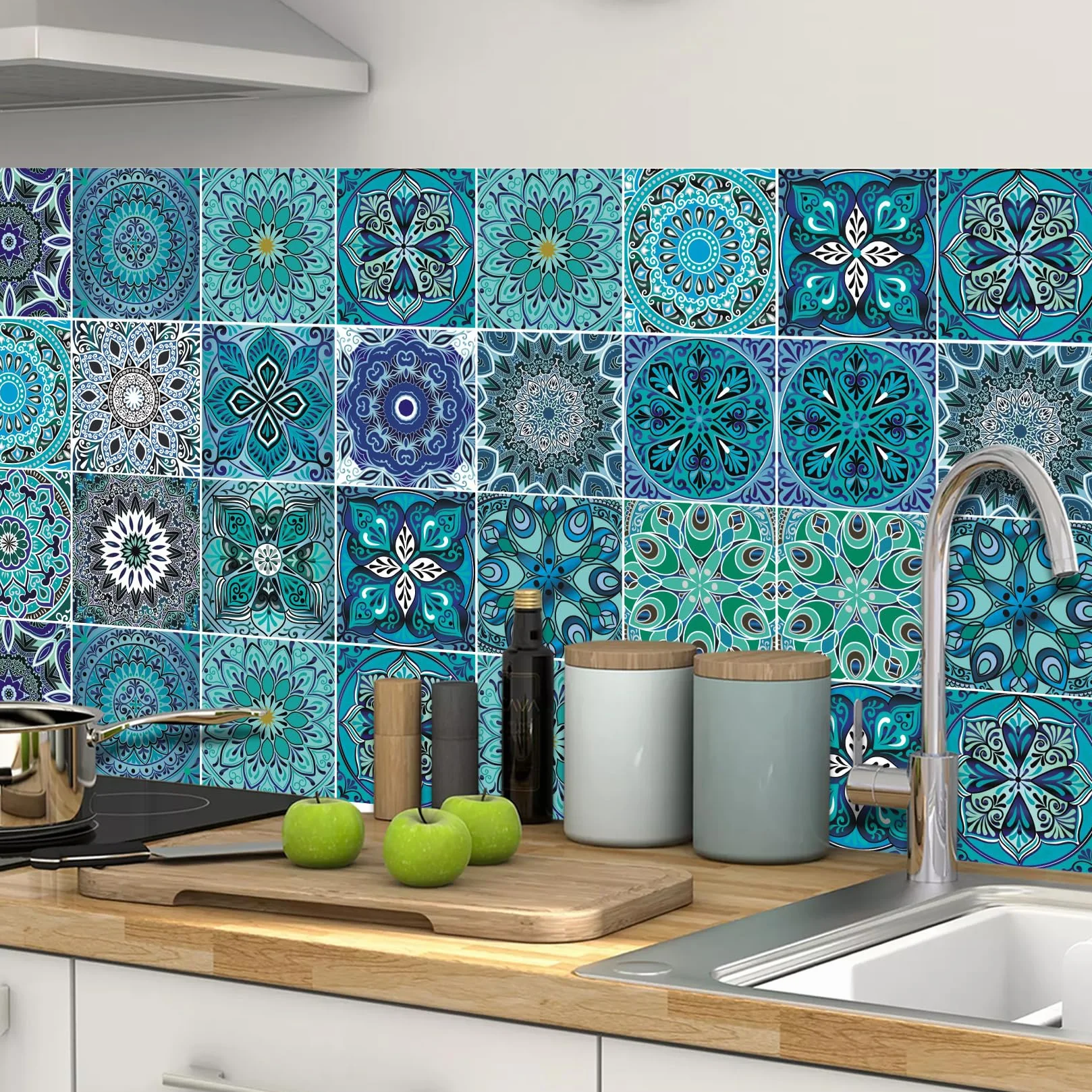 Carreaux Autocollants Décoratifs Bleu Mandala 15x15cm Lot de 24 Stickers Carrelage Imperméables PVC Cuisine Salle de Bain