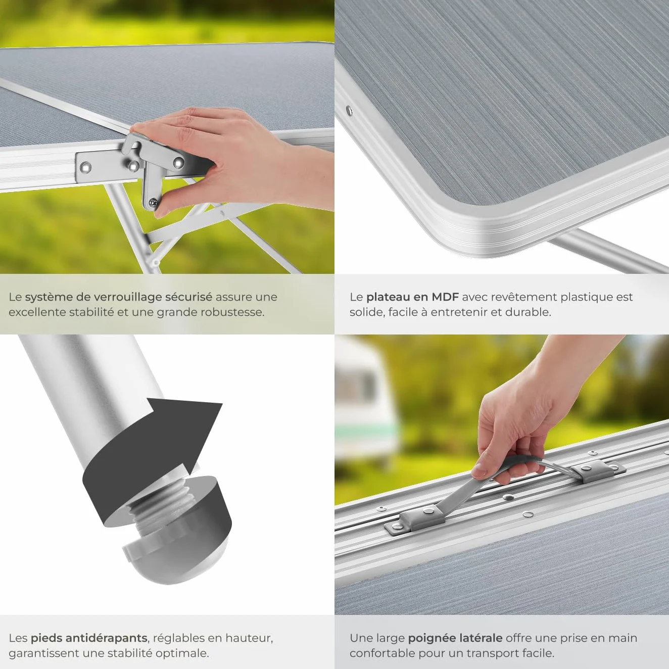 Tectake Table Pliante de Pique Nique Camping Aluminium INOX 180x70x70cm Réglable en Hauteur