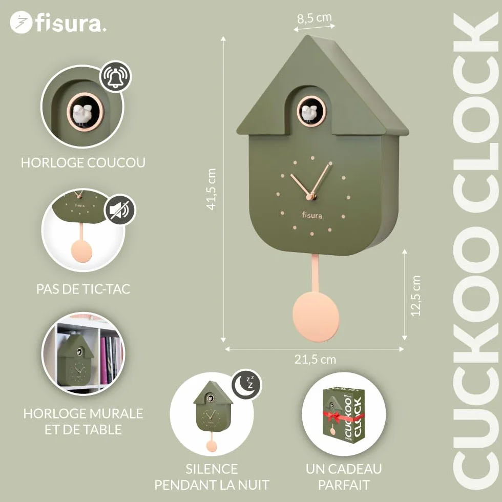 Fisura Horloge Coucou Vert Olive Cadran Beige Murale Originale ABS 21,5x8x41,5 cm