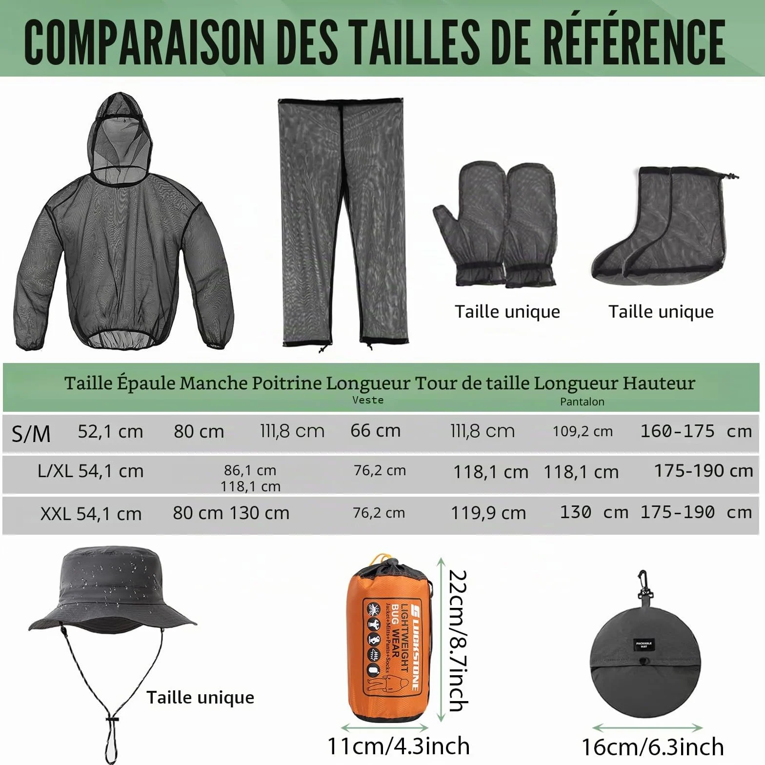 Lot de 5 combinaisons anti-moustiques avec chapeau de moucheron, protection contre les moustiques, filet léger en maille, vêtements d'été avec veste, gants, pantalon pour la pêche, le camping, la