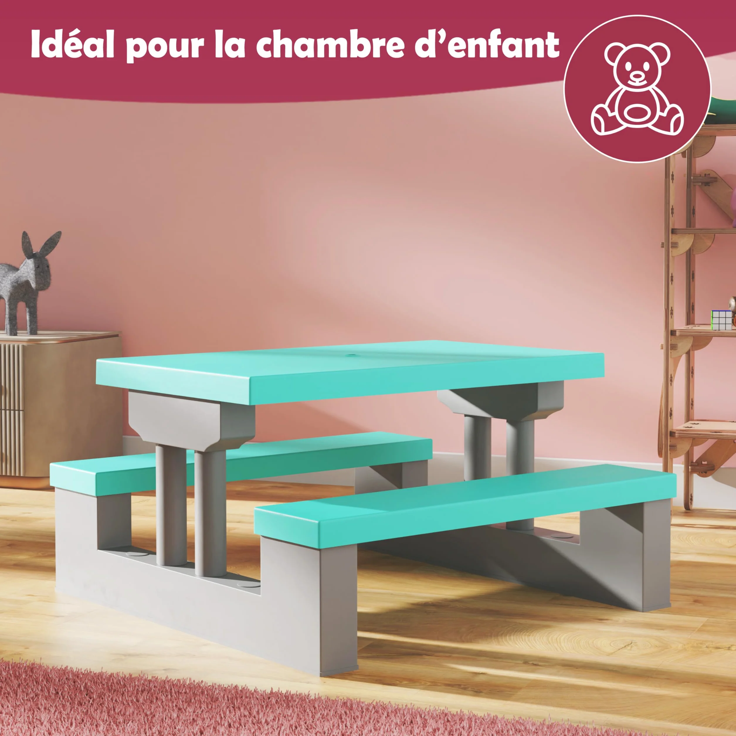Spielwerk Salon de Jardin pour Enfants Vert Menthe Table Pique-Nique avec Banc et Parasol