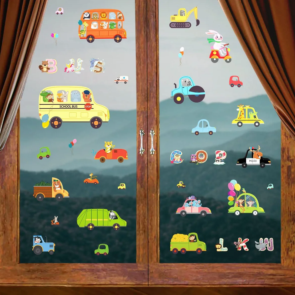 Stickers fenêtre enfant VOITURE + LETTRES réutilisable 62 pièces animaux jungle décoratifs vitres
