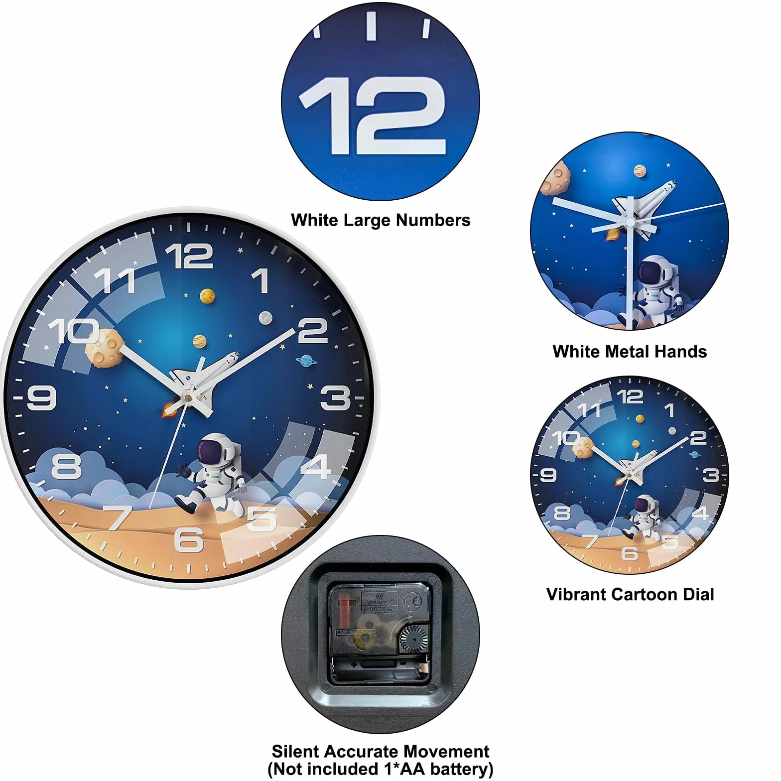 Horloge Murale Enfants 30cm Silencieuse Astronaute Ronde Chambre