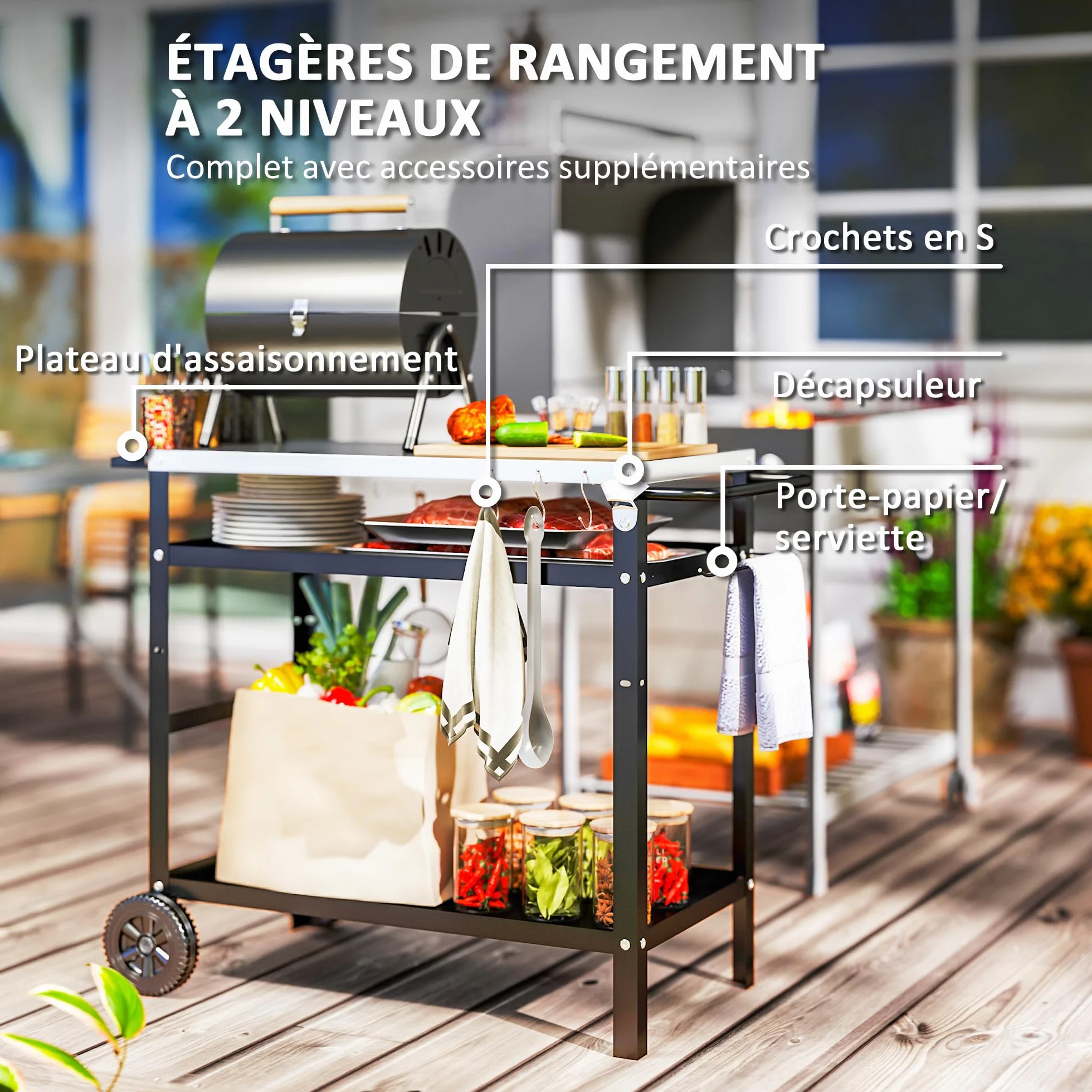 Outsunny Desserte Plancha Extérieure Acier Inoxydable Chariot Barbecue 100x52x80cm Noir