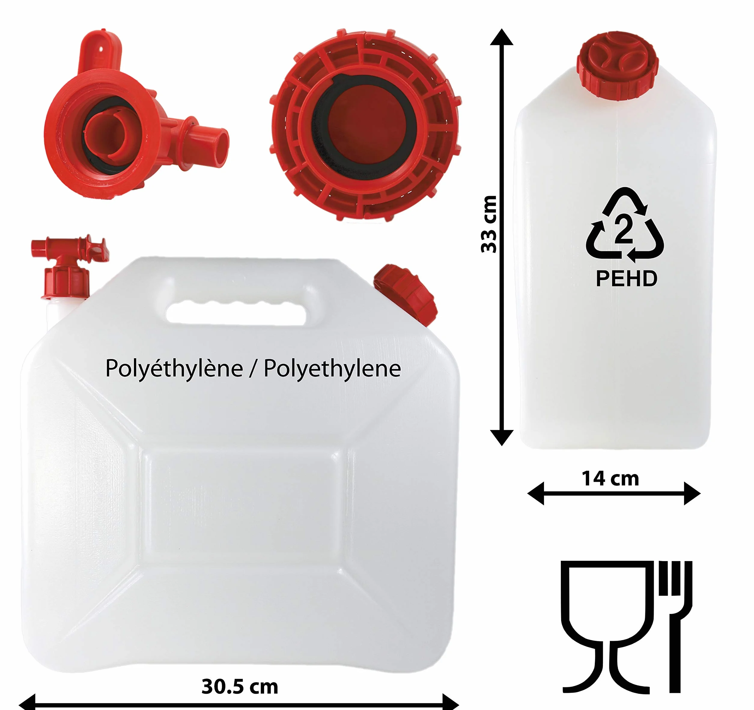 C.A.O. - Jerricans Alimentaire 10 litres en Polyéthylène Alimentaire - Longueur 30,5 cm - Largeur 14 cm - Hauteur 33 cm