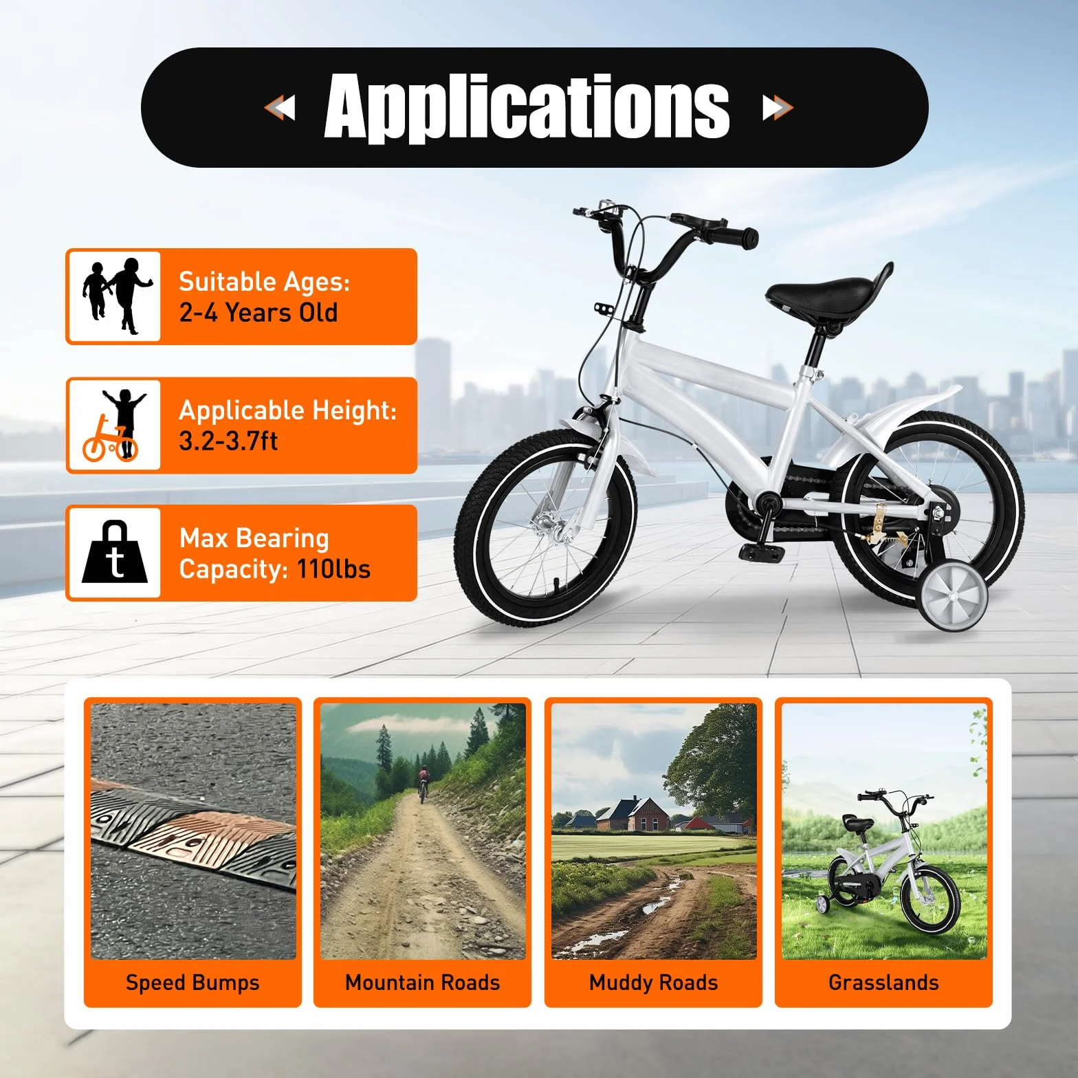 Vélo pour enfant de 14 pouces avec roues stabilisatrices, léger pour enfants de 2 à 4 ans, pour garçons et filles, vélo d'entraînement réglable en hauteur avec couvre-chaîne et frein à main