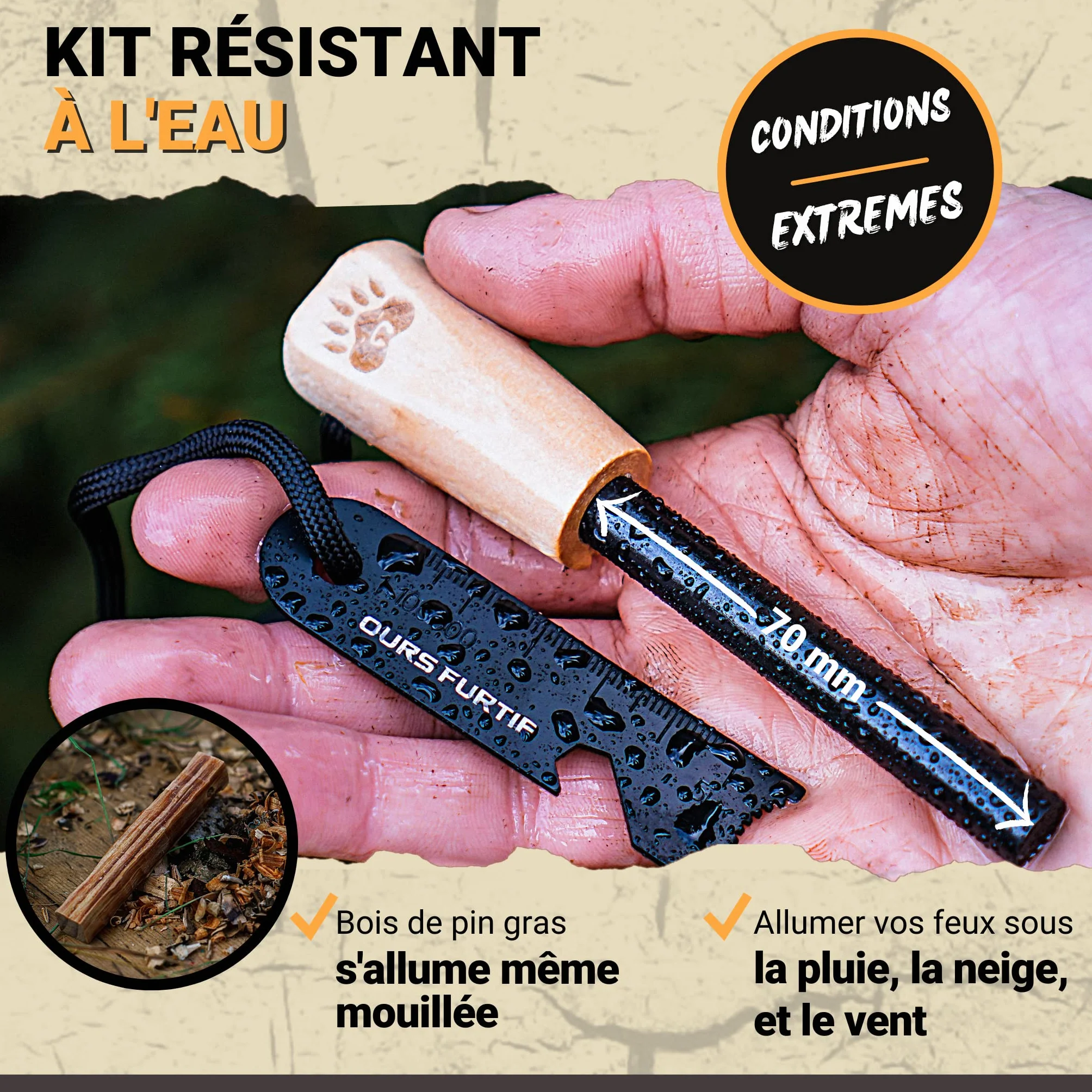 Kit Firesteel XL 10mm - Pierre à Feu de Survie - Barre Magnésium 15 000 utilisations - Allume Feu Naturel