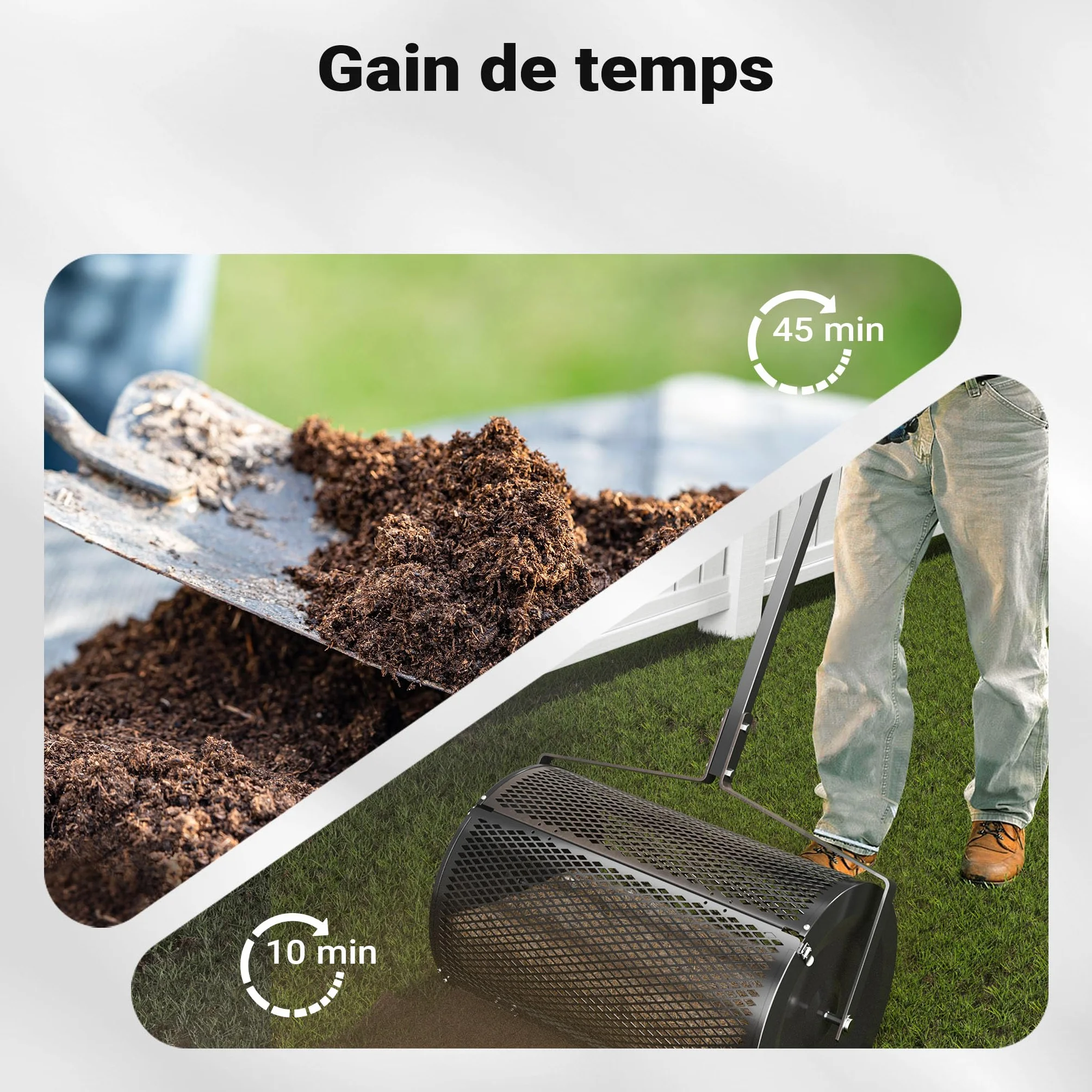 Wiltec Rouleau Épandeur Compost 1100 x 640 x 400 mm Noir Acier Revêtu par poudre 75L Poignée en T Rouleau en treillis