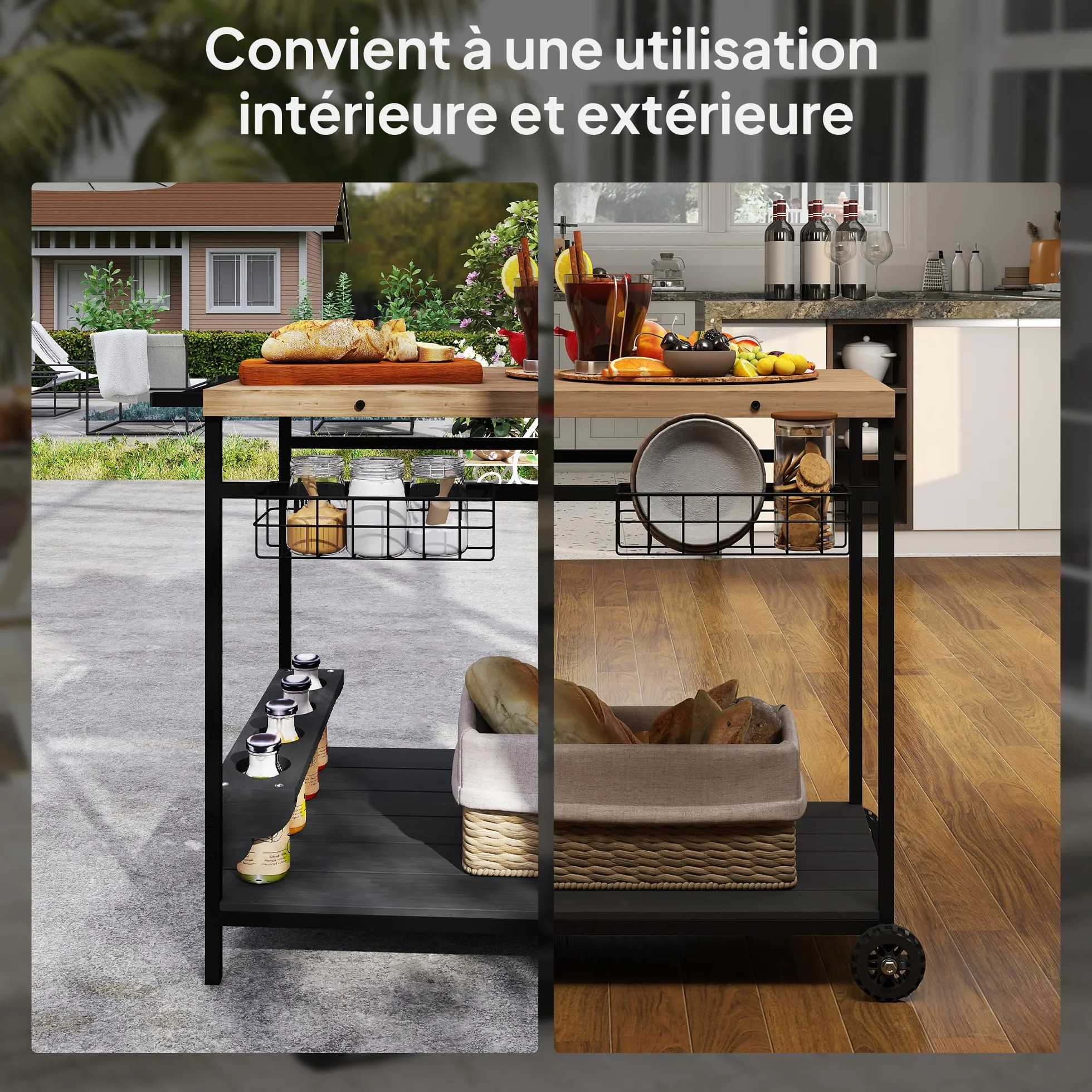 Outsunny Desserte de Jardin Chariot pour plancha Barbecue en Bois et métal 2 Plateaux 2 paniers Porte-Bouteilles 97,5L x 65l x 81H cm Naturel Noir